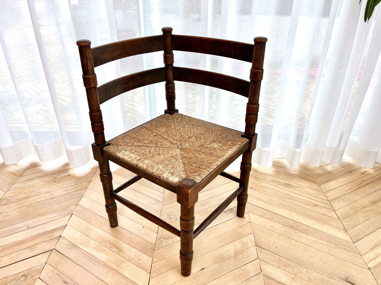 Vintage Woven Rush Seat Carved Oak Corner Chair