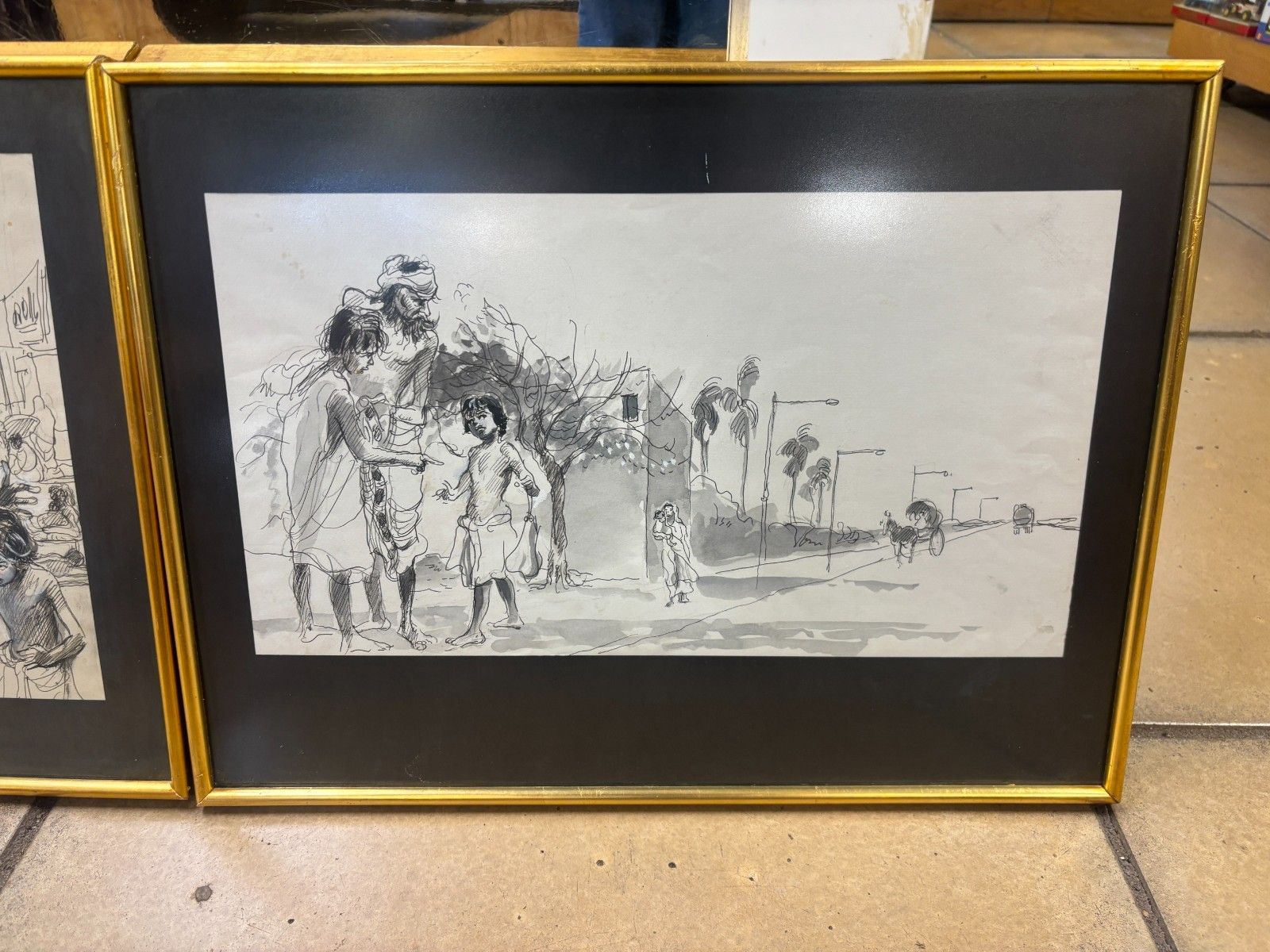 Trio Of Original Line Drawings Of Indian Scenes By Richard Kennedy Framed photo vintage