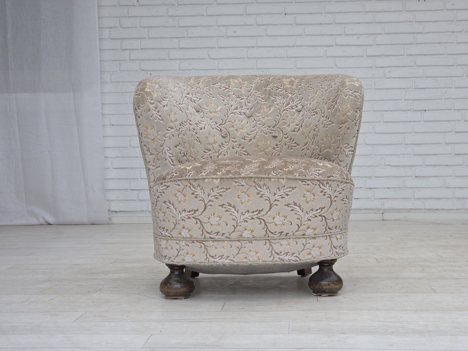1970s, Danish Curved Armchair, Original Light Green/Gray Furniture Velour. photo vinterior