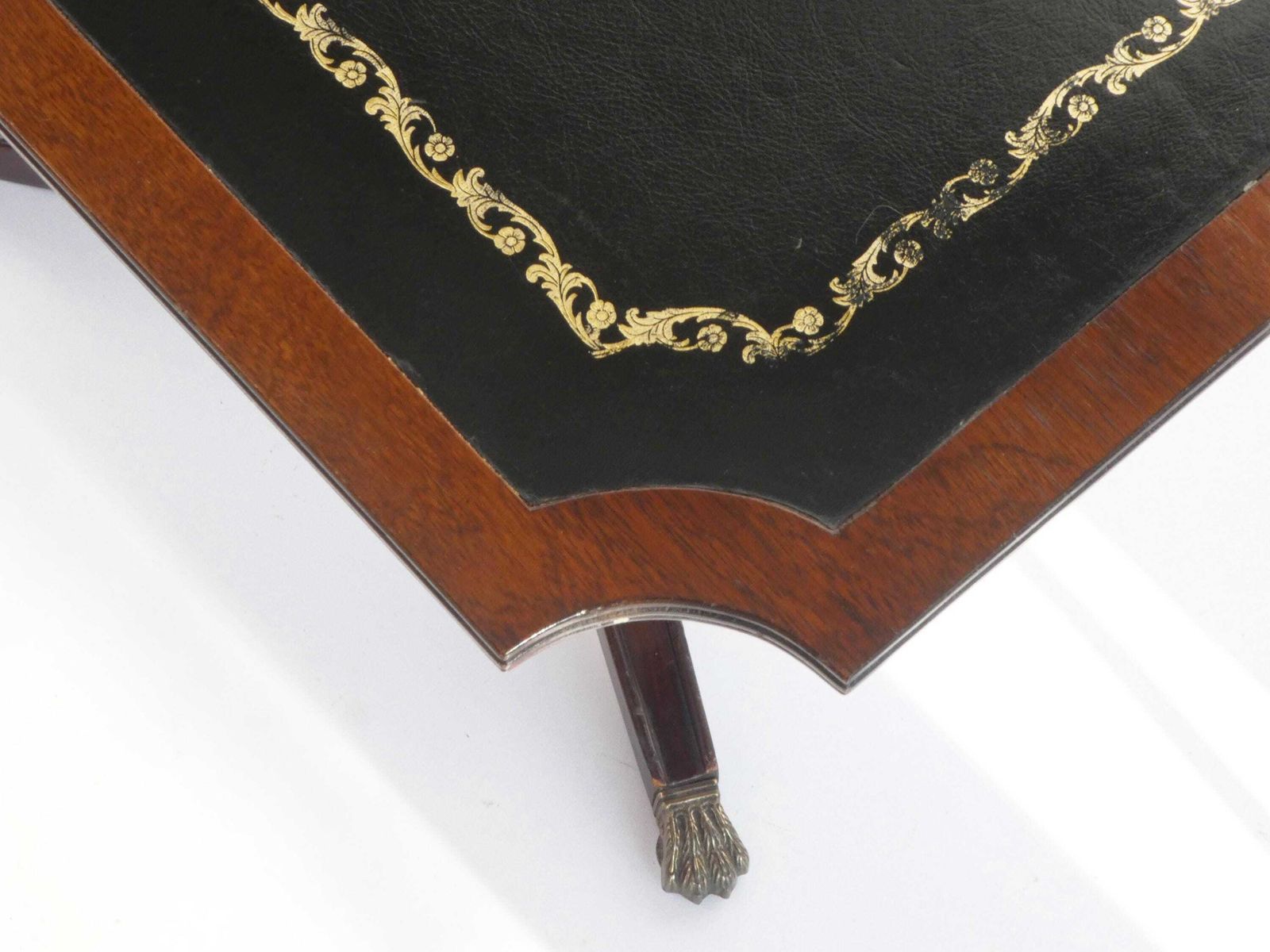 Antique Victorian Coffee Table With Green Leather Top And Lion Paws, English Wooden Tripod Side Table With Brass photo 362.0