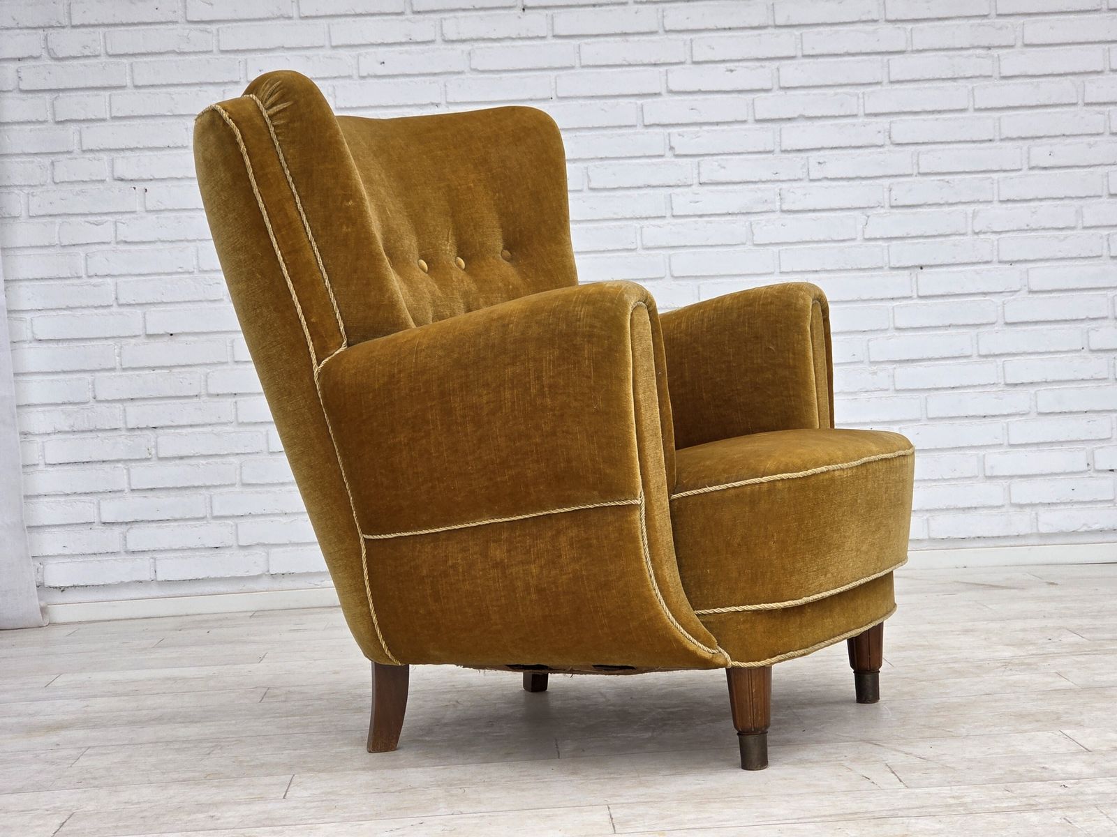 1960s, Danish Relax Chair, Original Honey Yellow Furniture Velour. photo vinterior