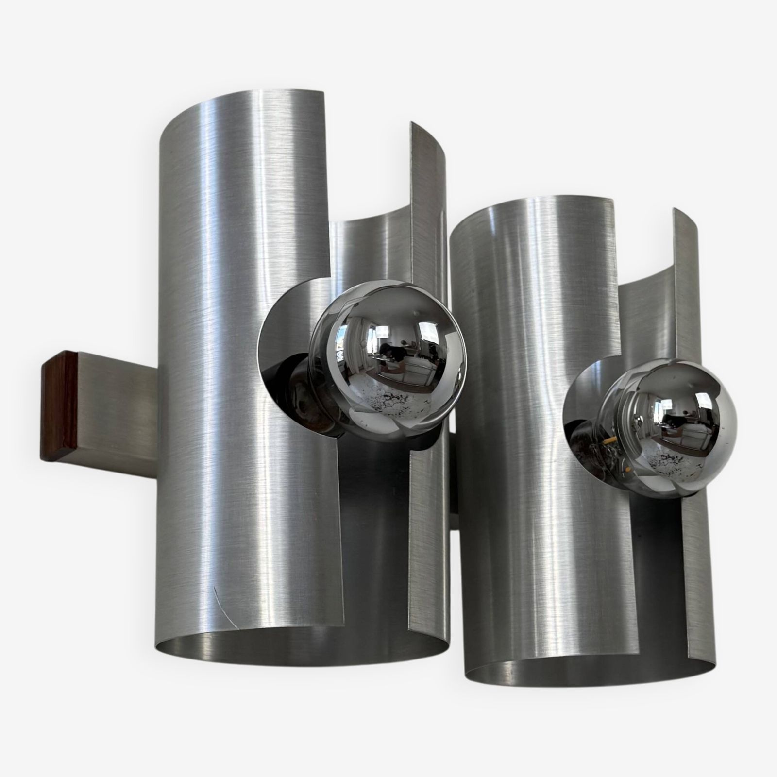 Vintage Double Wall Light In Brushed Metal And Rosewood, France, 1970