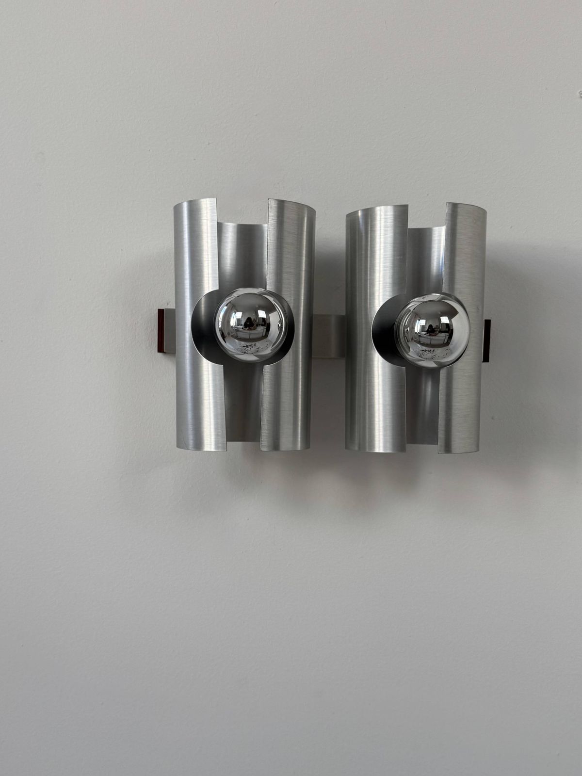 Vintage Double Wall Light In Brushed Metal And Rosewood, France, 1970 photo Lighting