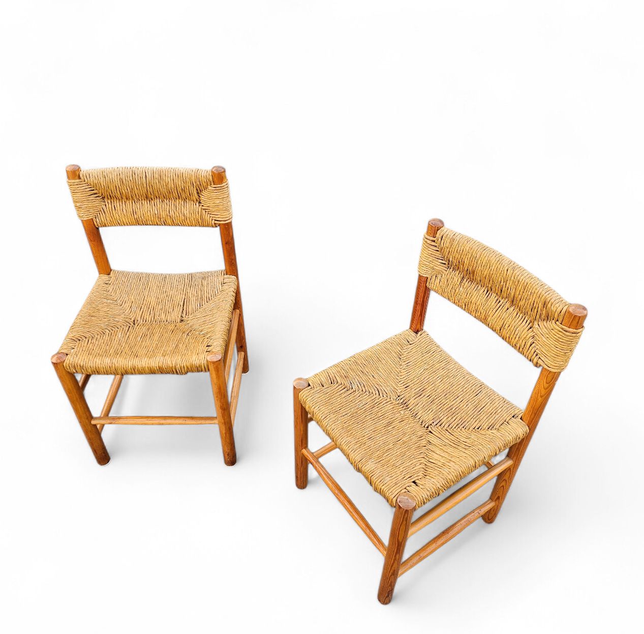 2 X Pine Wood Woven Reed Dining Chairs / France 1950s photo furniture