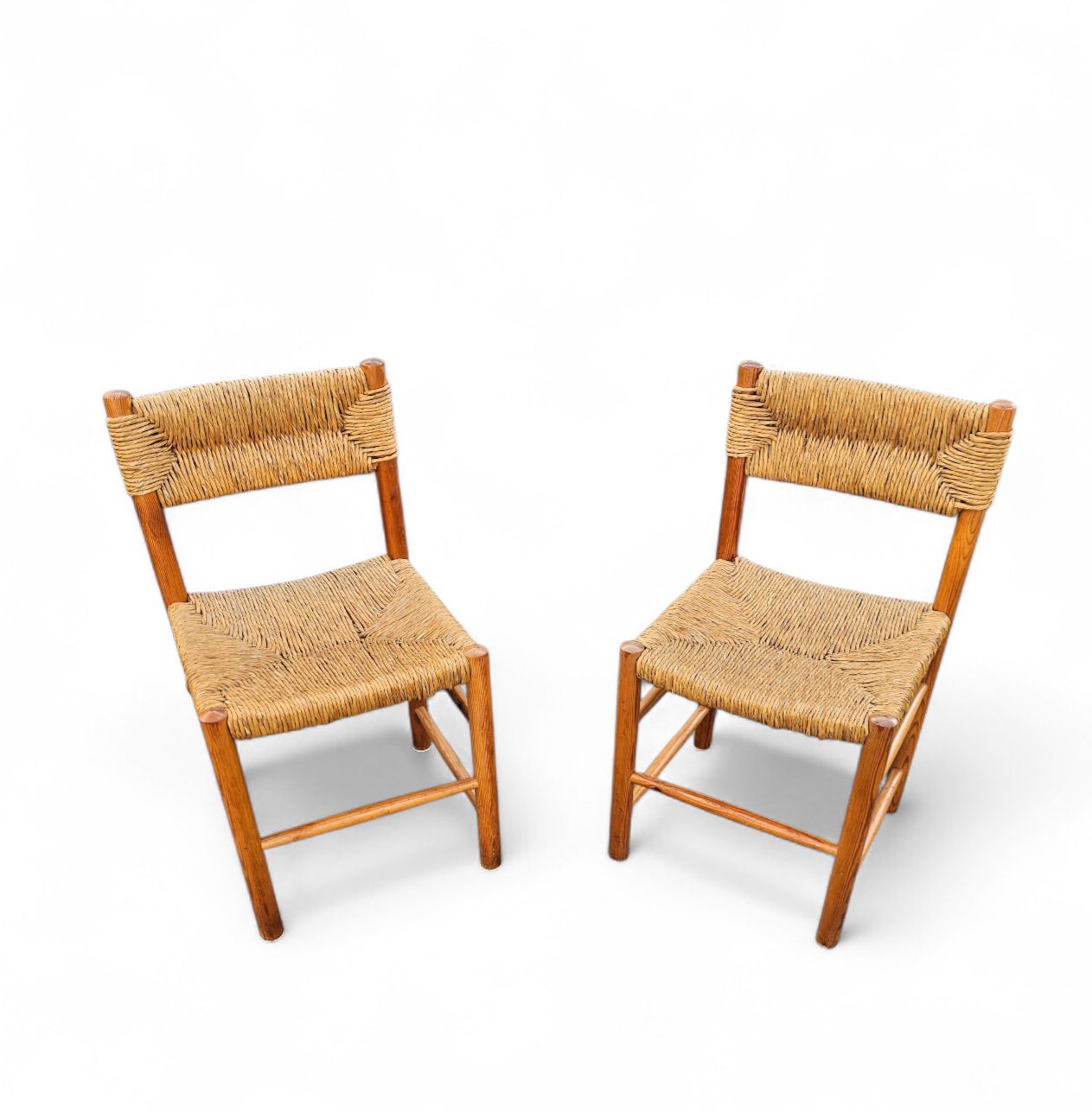 2 X Pine Wood Woven Reed Dining Chairs / France 1950s photo for sale