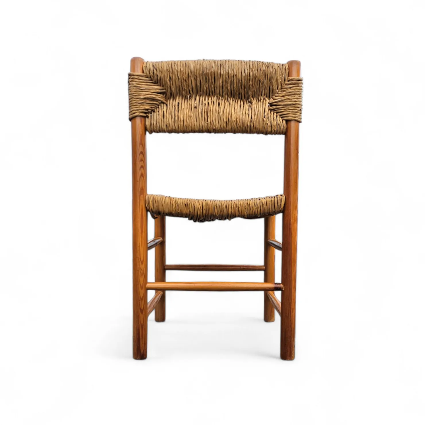 photo buy 2 X Pine Wood Woven Reed Dining Chairs / France 1950s