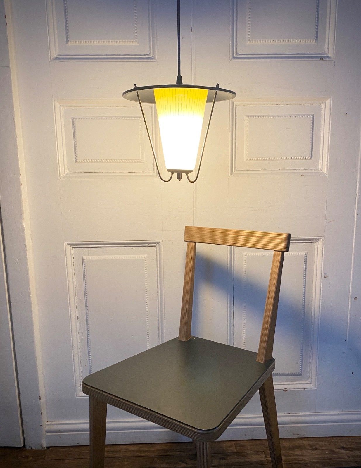 Original Vintage Mid Century Glass, Metal & Brass Ceiling Pendant Light 1950s photo Lighting