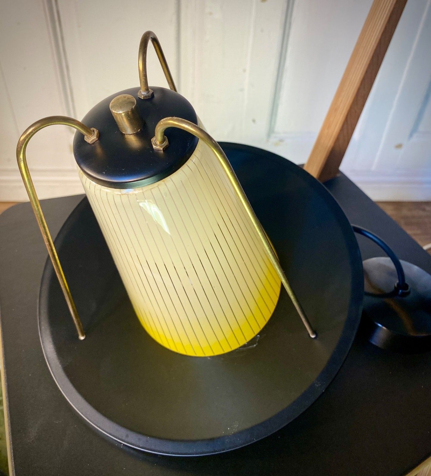 160.0 Original Vintage Mid Century Glass, Metal & Brass Ceiling Pendant Light 1950s photo