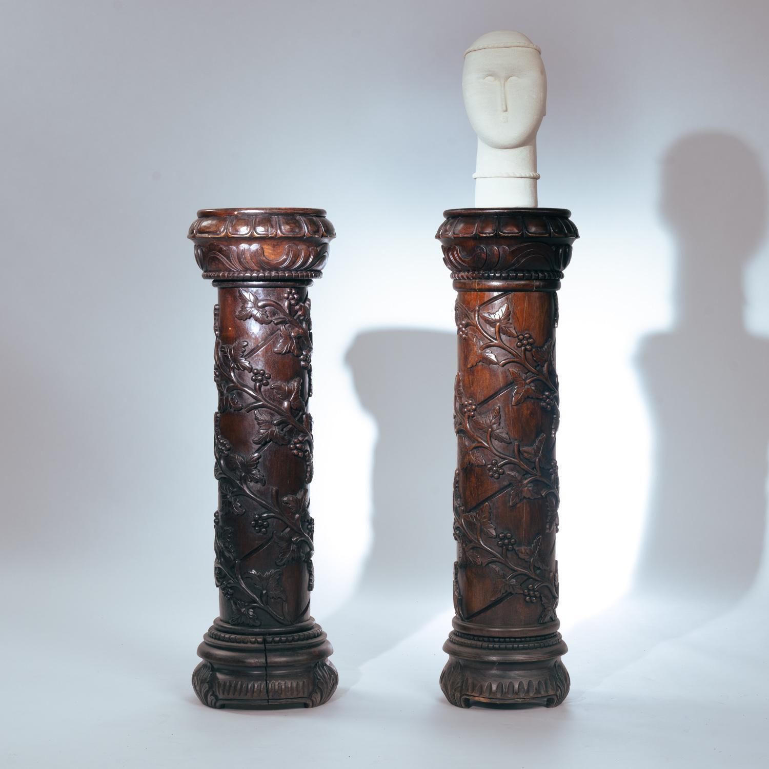 photo furniture 2 Art Nouveau Mahogany Wooden Carved Pedestals Column Vine Motif, France 1920s