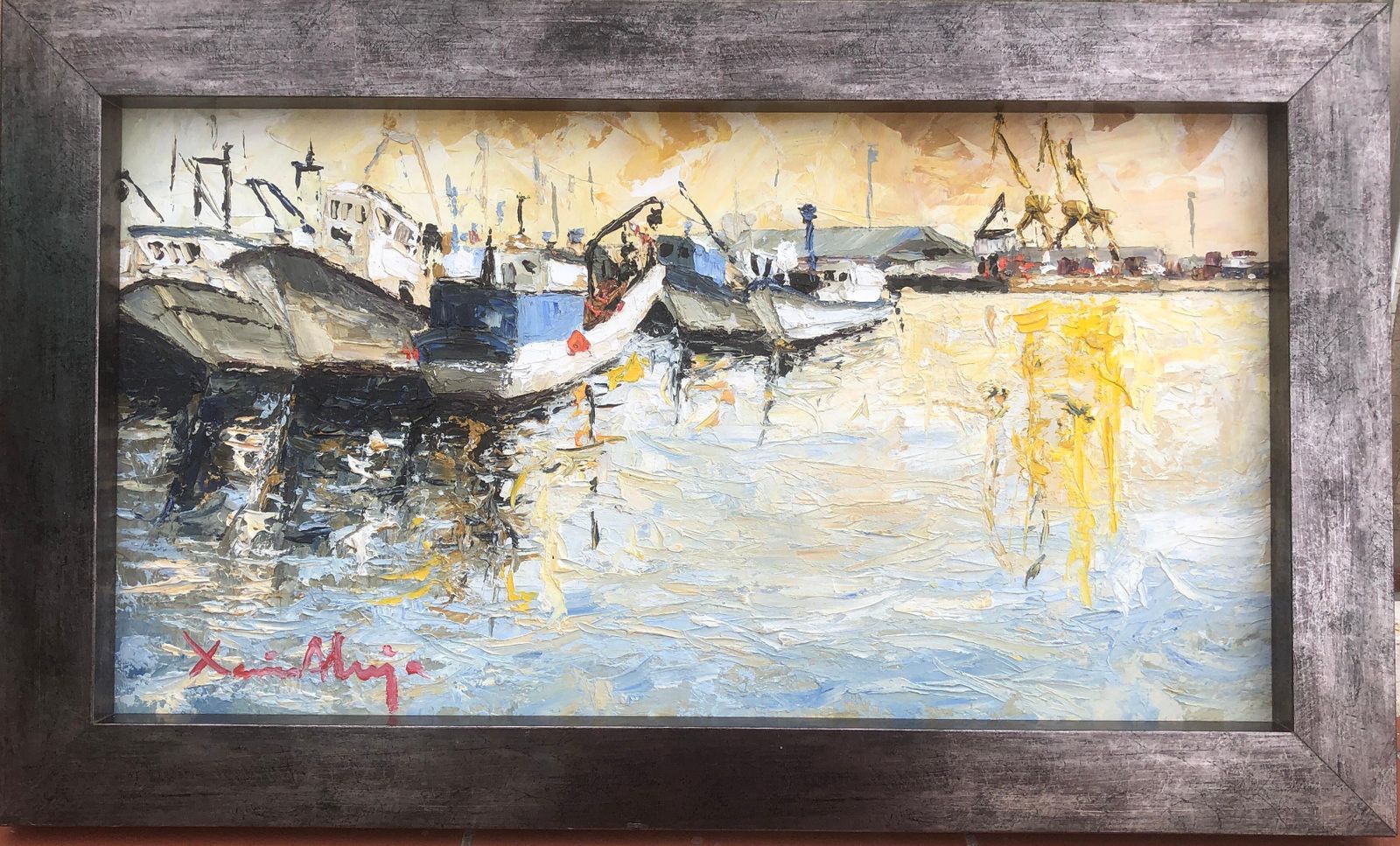 Xavier Aluja Mediterrane Haven Tarragona Vissersschepen Expressionistisch Olieverfschilderij 2004 photo furniture