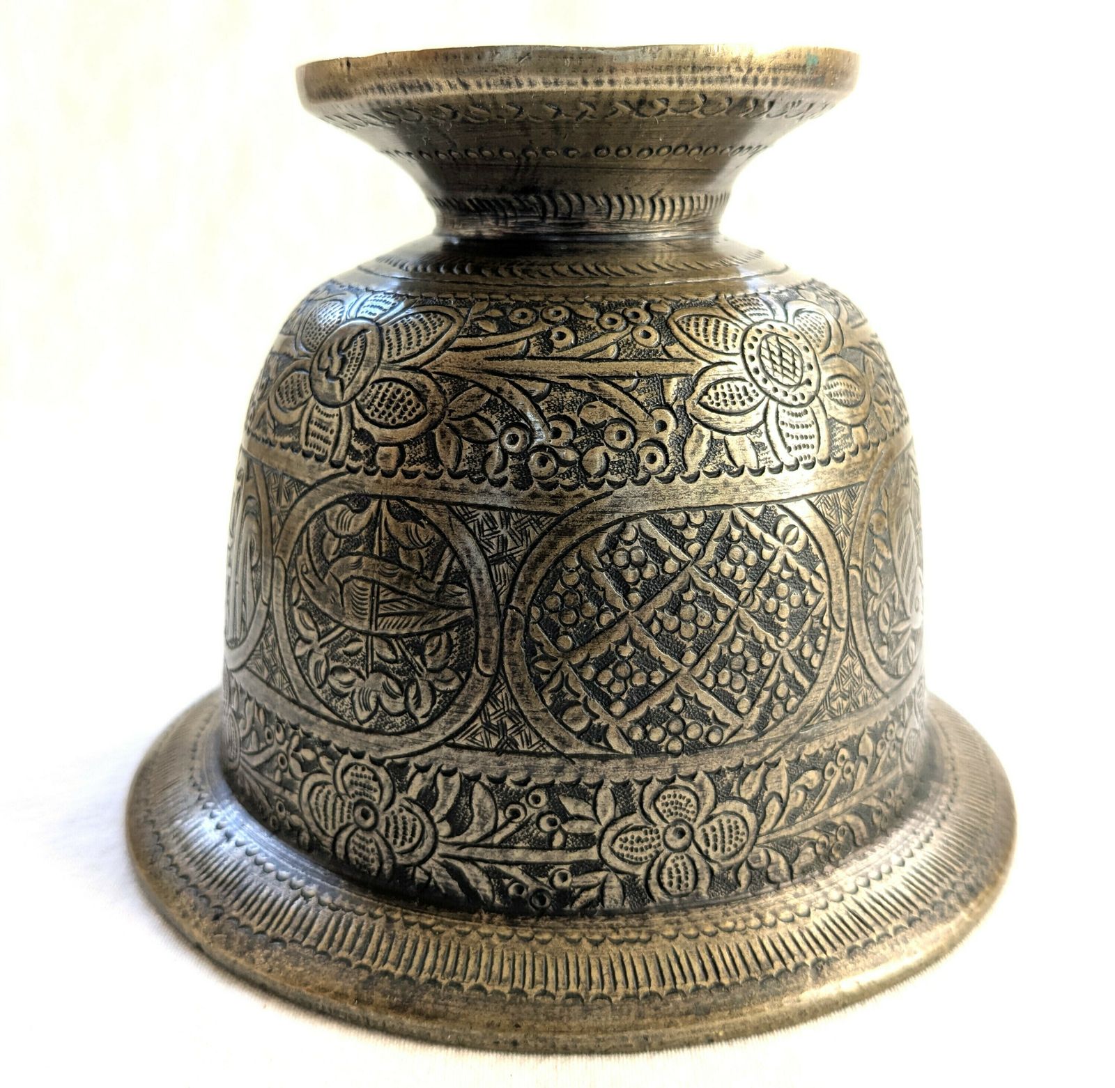 Antique Islamic Middle East Bronze Engraved Covered Pot With Animals And Calligraphy photo vinterior