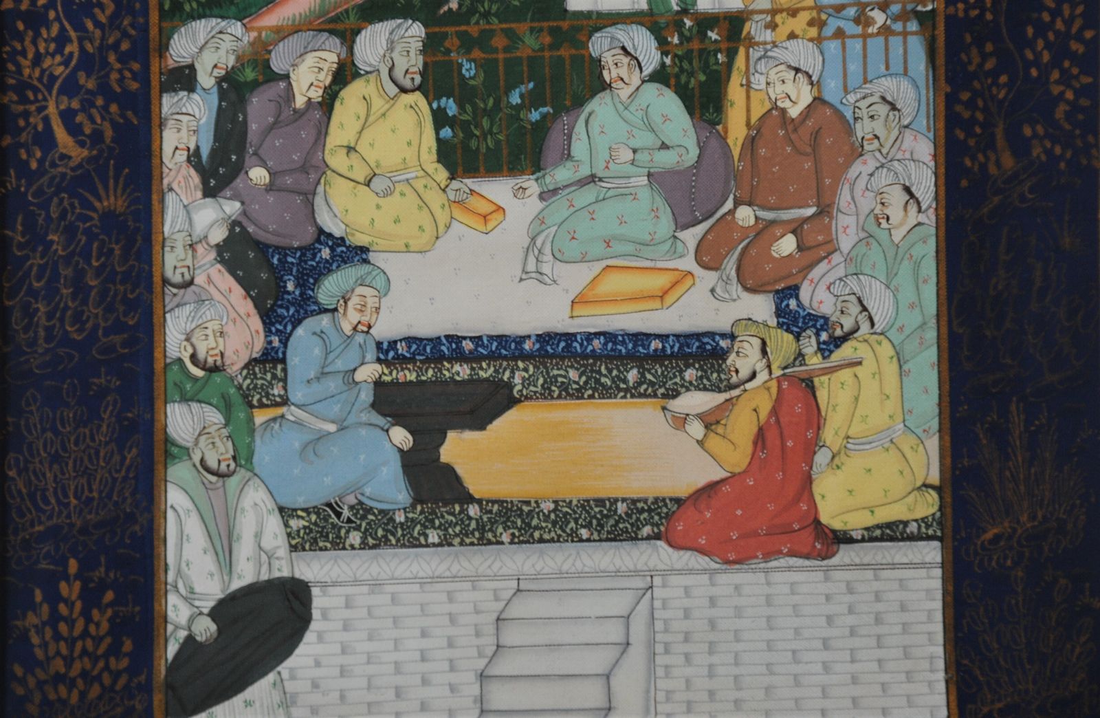 Vintage Framed Islamic Miniature Painting Of Royal Court Scene On Silk photo Art