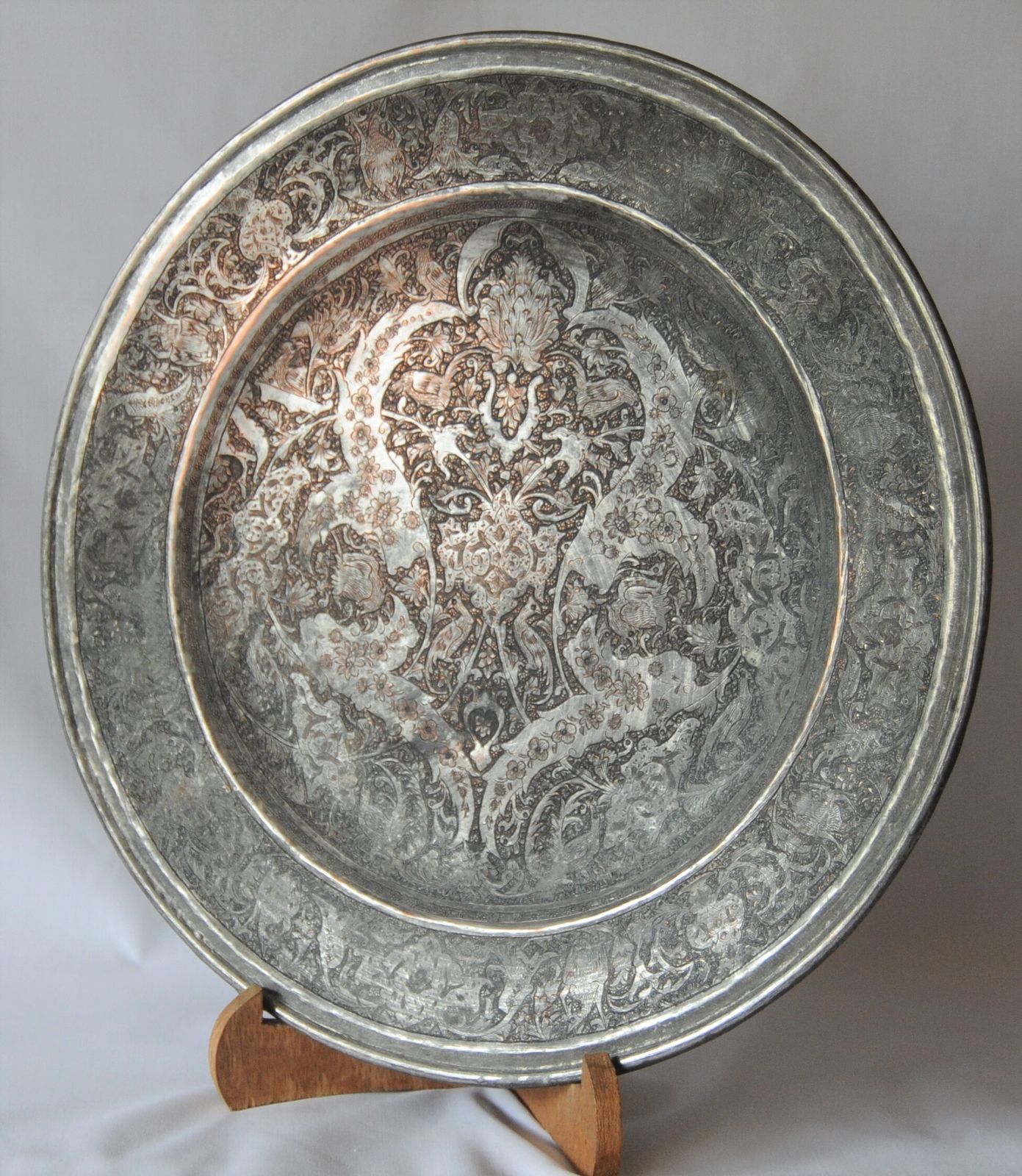 Antique Islamic Ghalamzani Engraved Silver Copper Charger photo furniture
