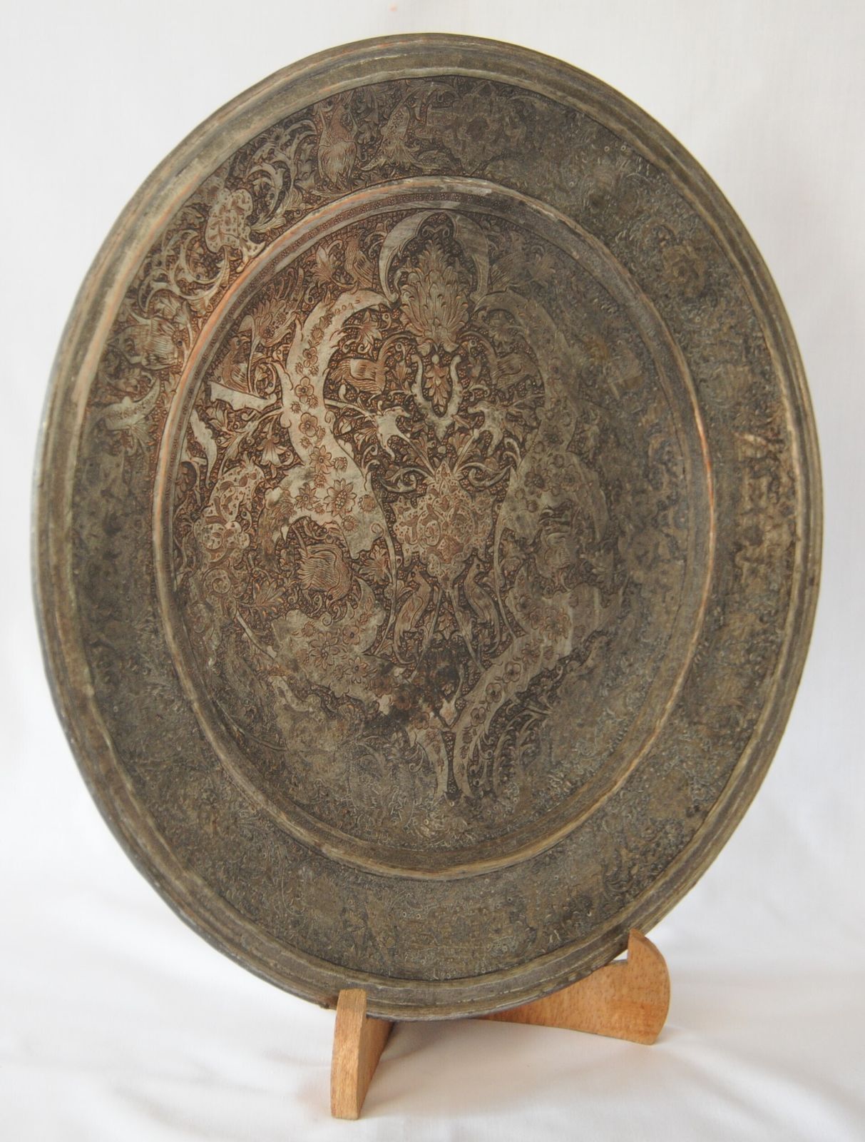 Antique Islamic Ghalamzani Engraved Silver Copper Charger photo Art