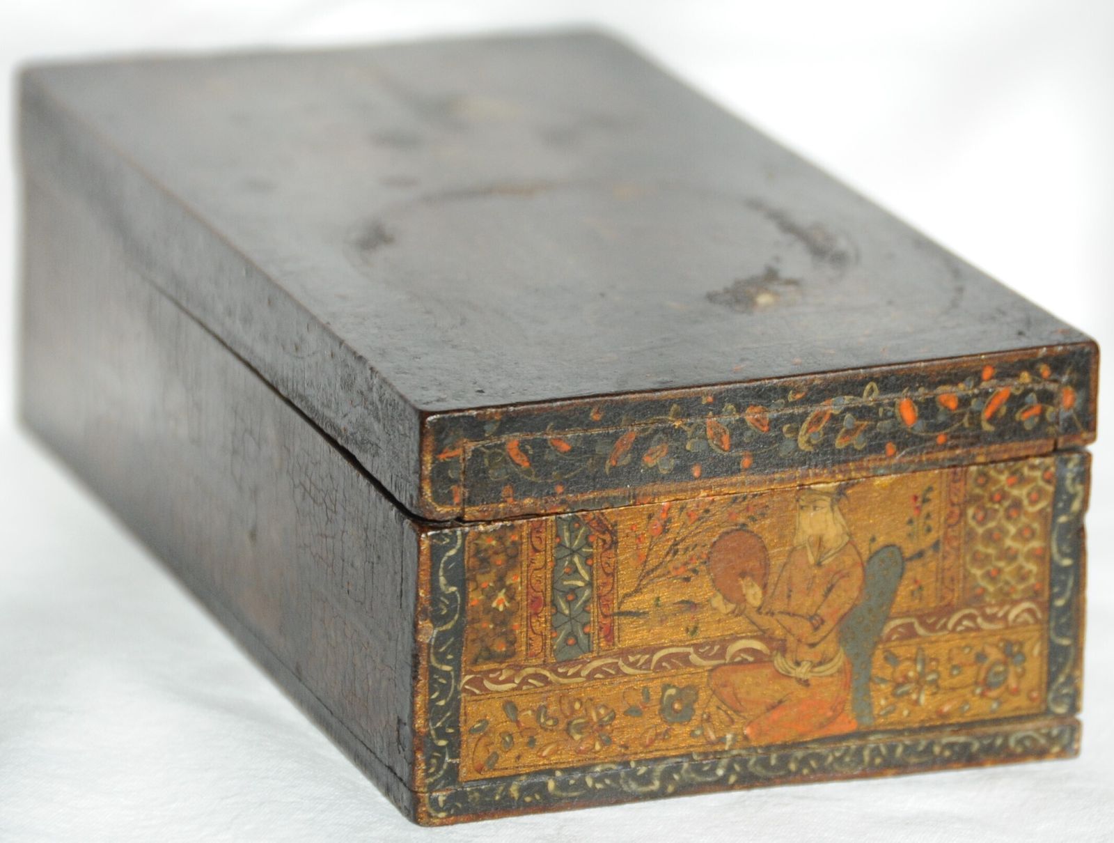 photo for sale Antique Islamic Qajar Islamic Wooden Jewellery Box With Miniature Paintings