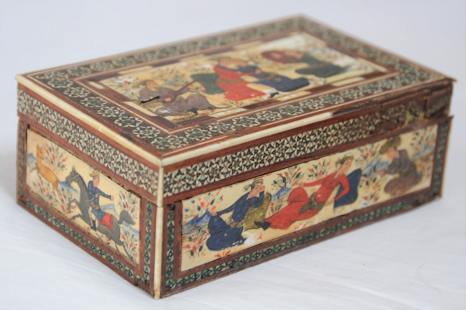 Antique Islamic Wooden Khatam Box With Safavid Style Miniature Paintings
