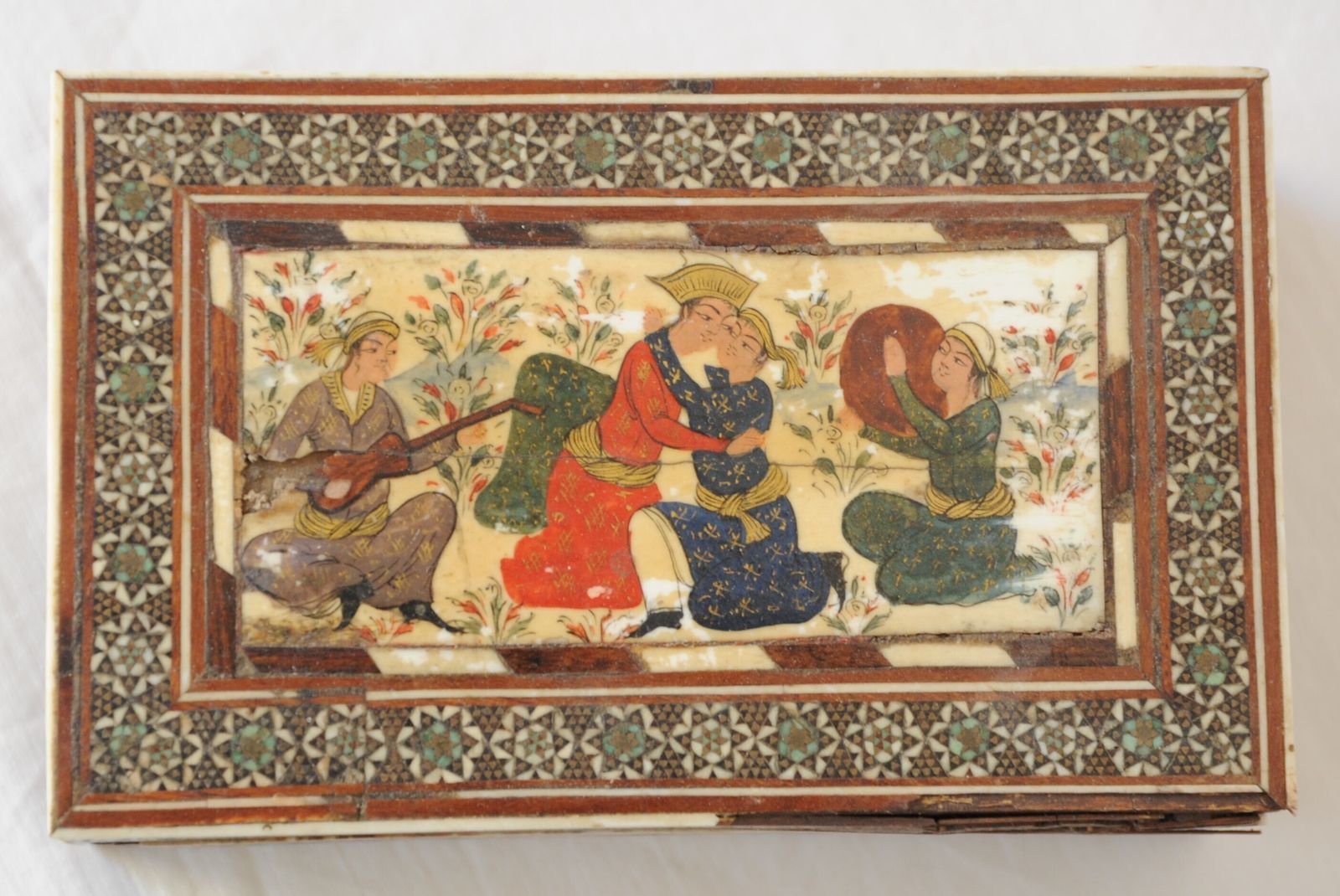 Antique Islamic Wooden Khatam Box With Safavid Style Miniature Paintings photo furniture