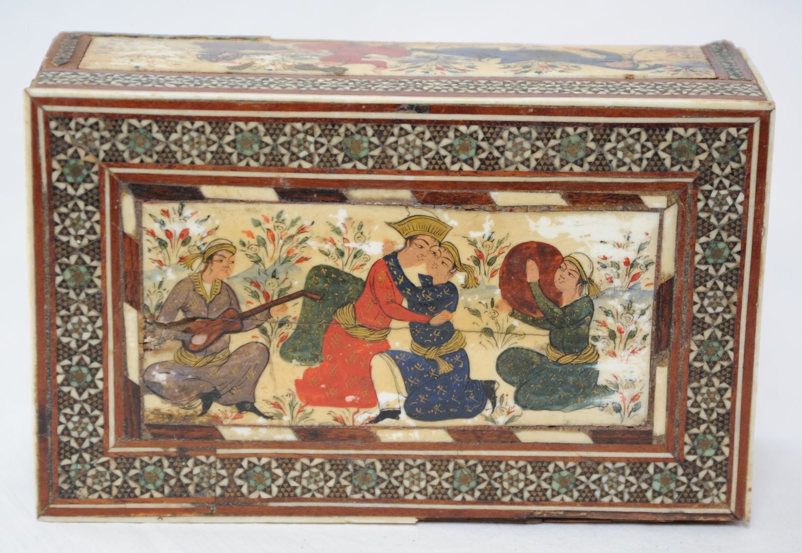Home Decor Antique Islamic Wooden Khatam Box With Safavid Style Miniature Paintings photo