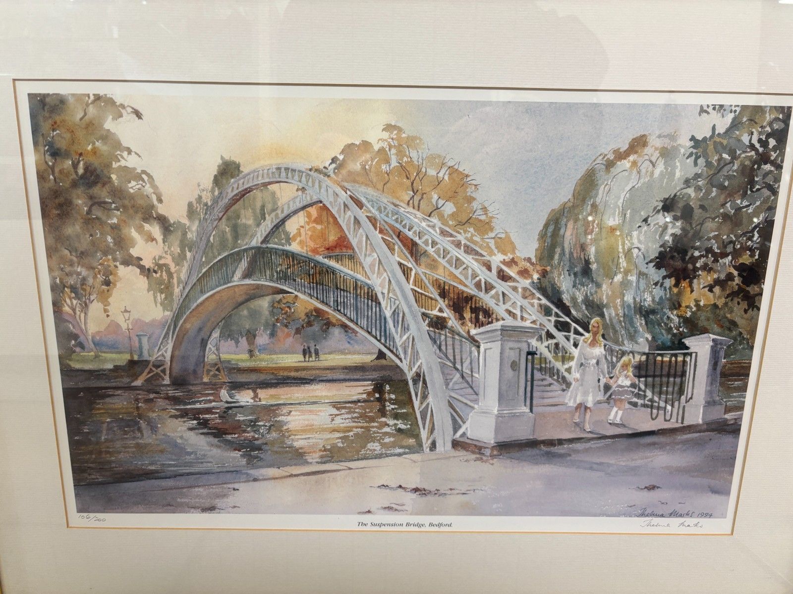 Framed Watercolour Print Of The Suspension Bridge, Bedford By Thelma Marks 1994 photo vinterior