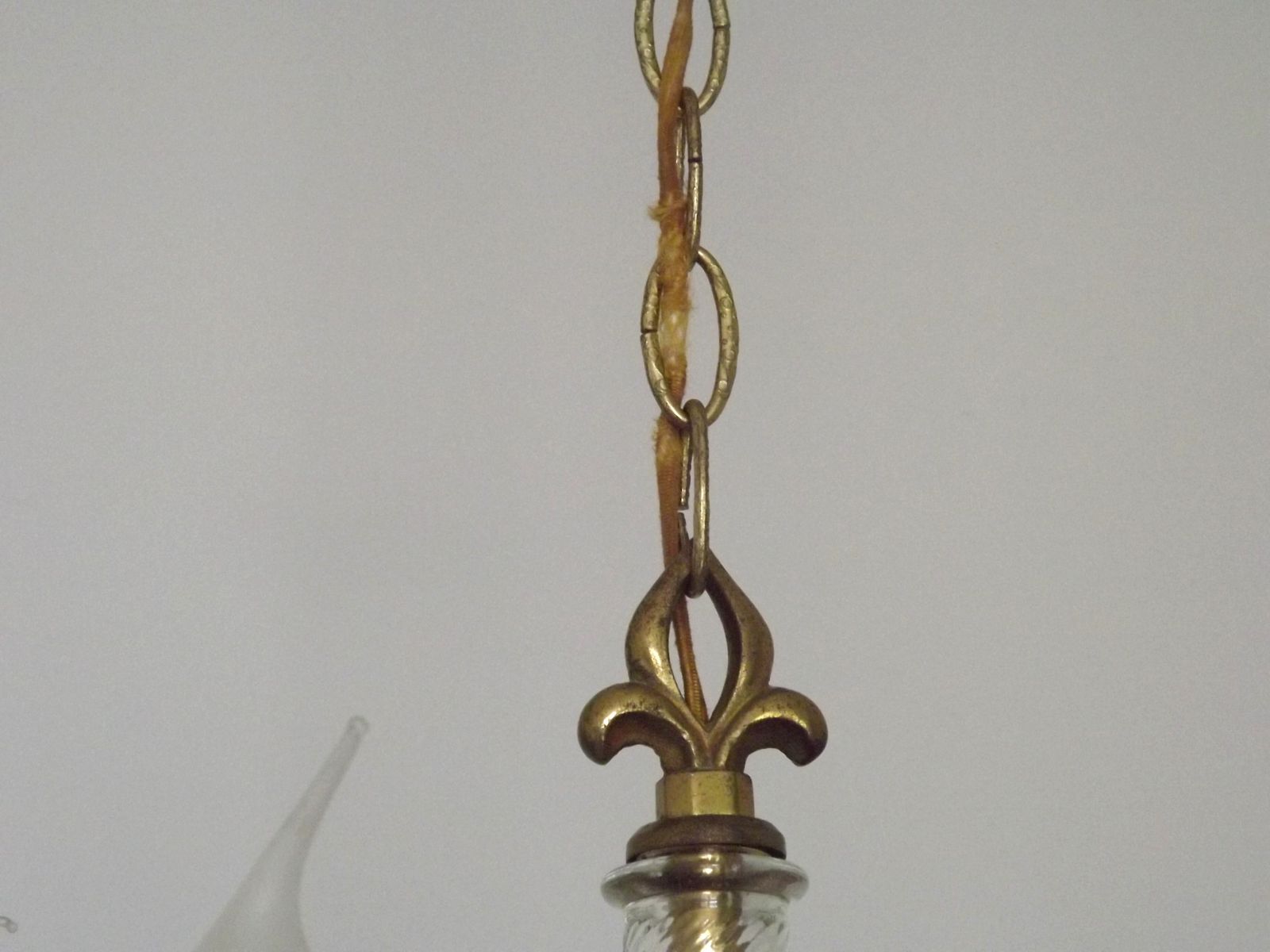 photo buy French Mid Century Bronze & Cut Glass 4 Light Chandelier With Fleur De Lys Detail