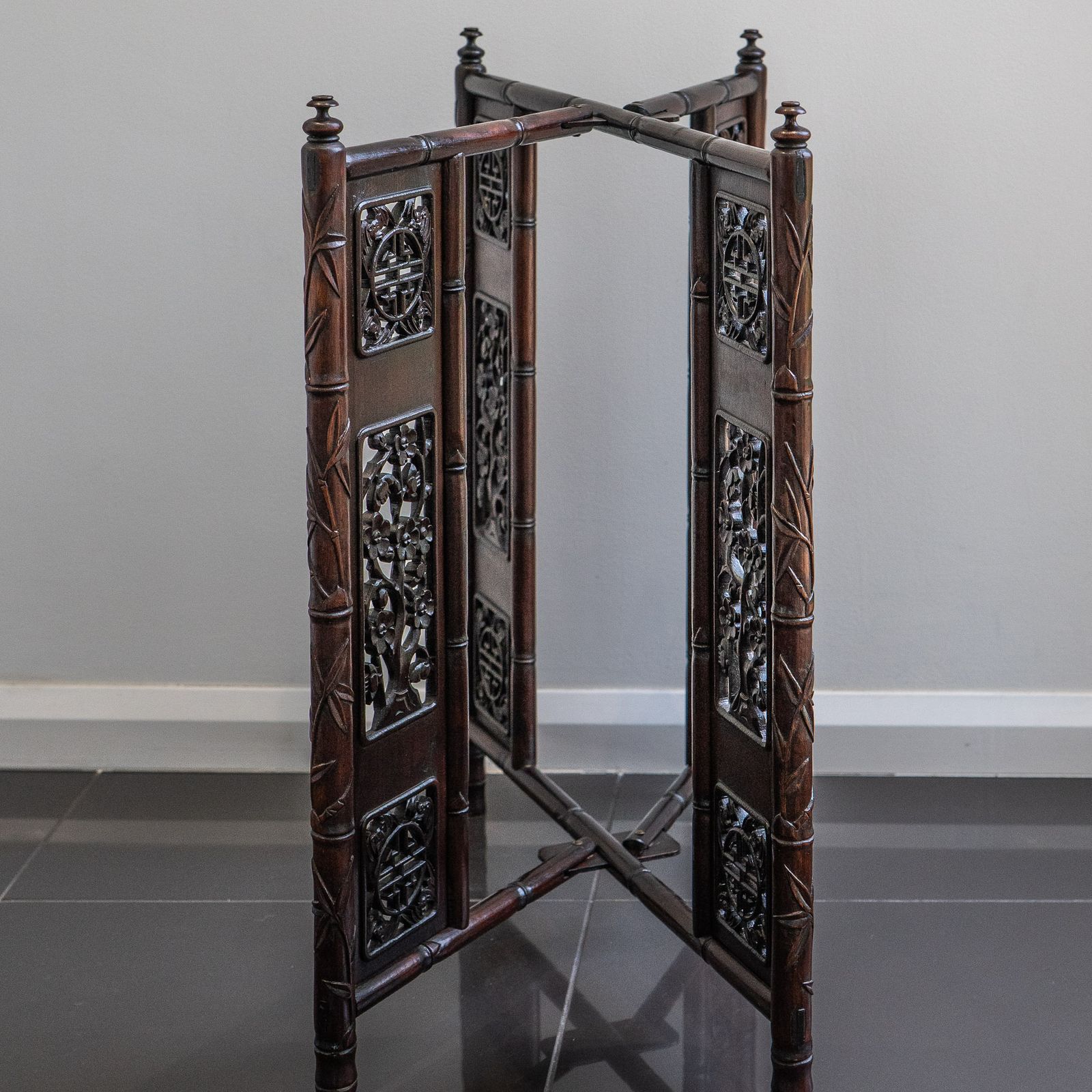 Antique Chinese Carved Hardwood Folding Table With Two Circular Lift Out Trays. photo for sale