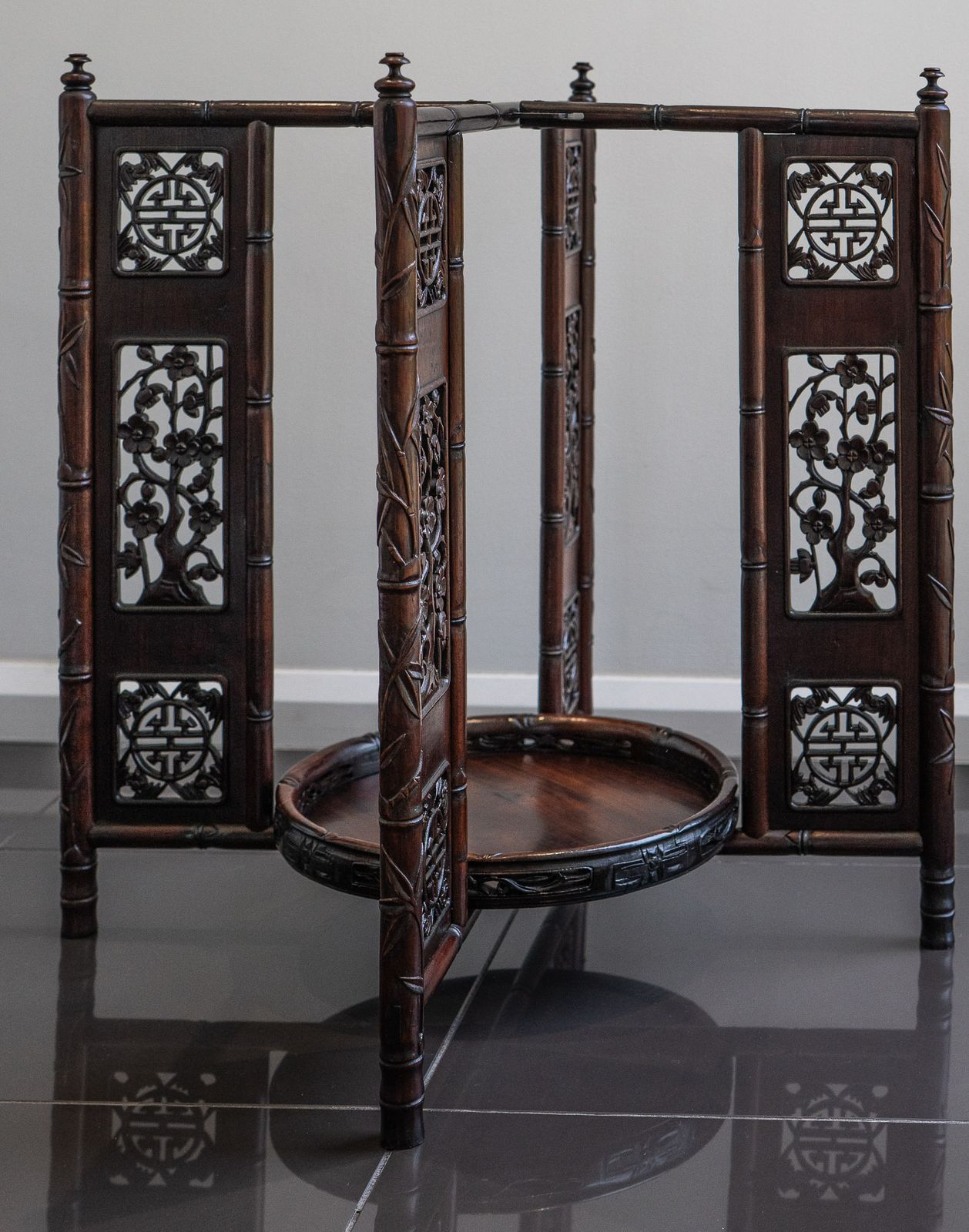 Antique Chinese Carved Hardwood Folding Table With Two Circular Lift Out Trays. photo 395.0