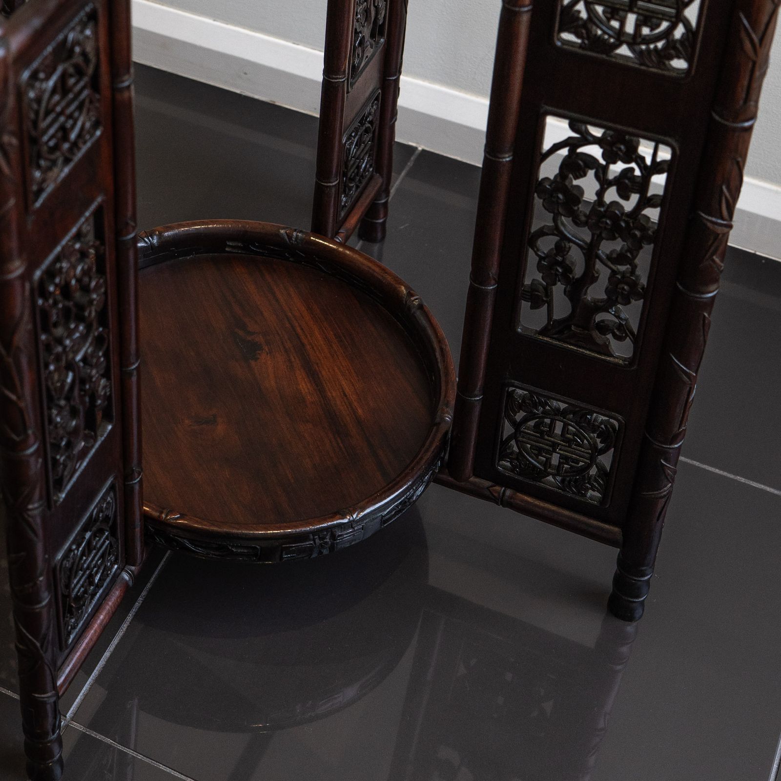 Antique Chinese Carved Hardwood Folding Table With Two Circular Lift Out Trays. photo vinterior