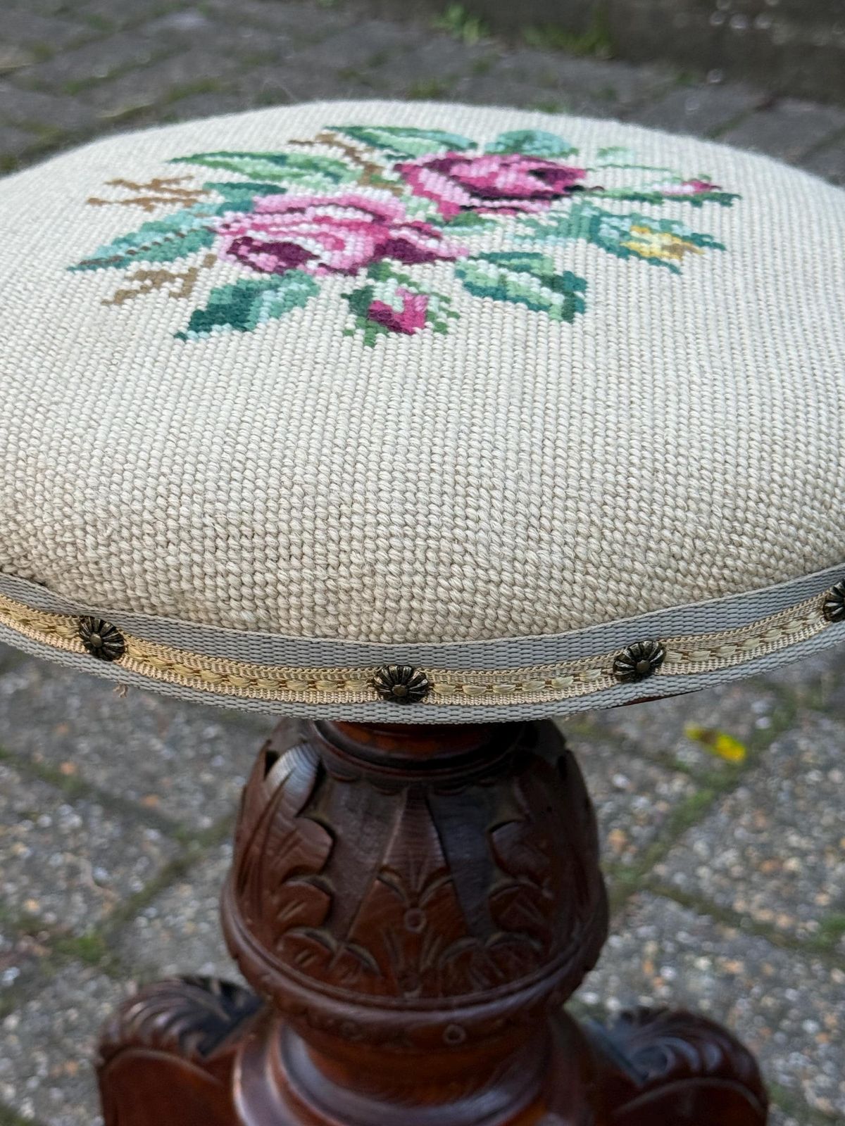 photo for sale Antique Victorian Carved Piano Or Accent Stool – Adjustable Wooden Stool With Needlepoint Floral Seat