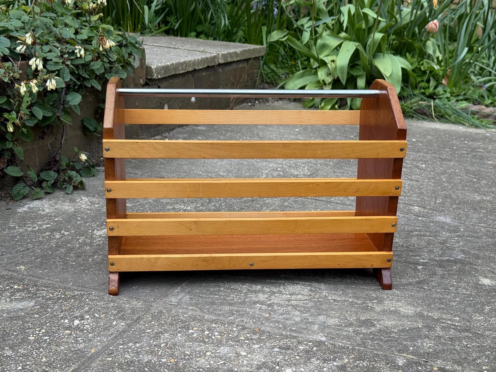 Vintage Slatted Magazine Rack, Mid Century Modern Wood Holder, Mcm Handle Decor photo furniture