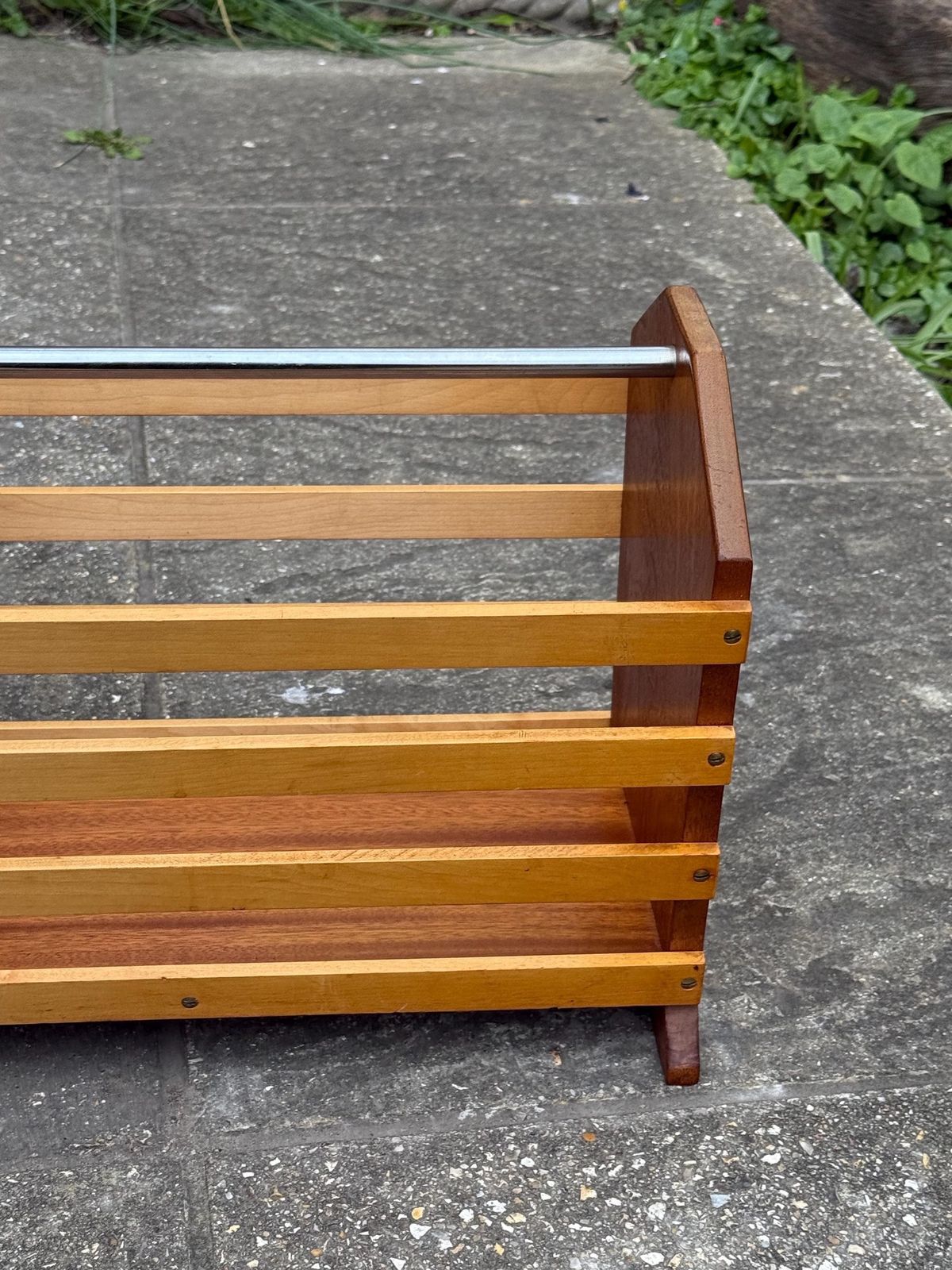 Vintage Slatted Magazine Rack, Mid Century Modern Wood Holder, Mcm Handle Decor photo vintage