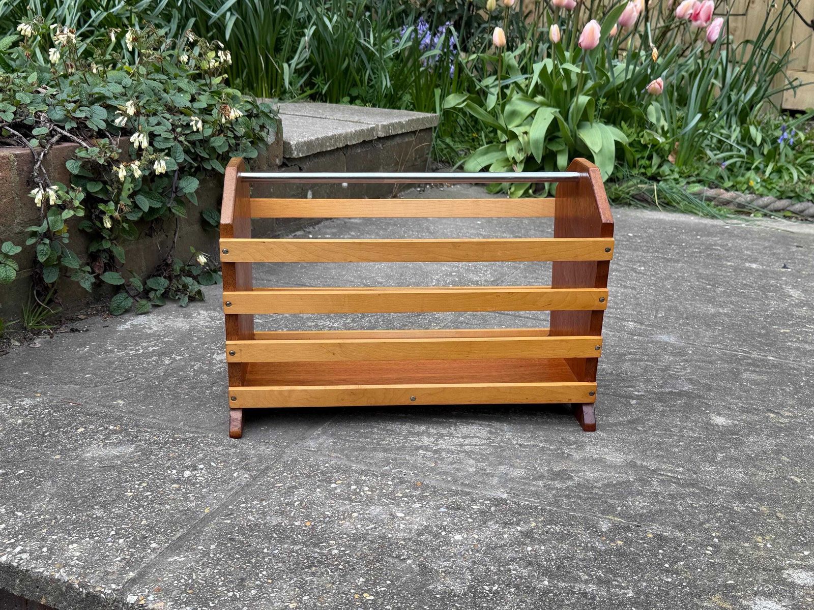 photo vinterior Vintage Slatted Magazine Rack, Mid Century Modern Wood Holder, Mcm Handle Decor