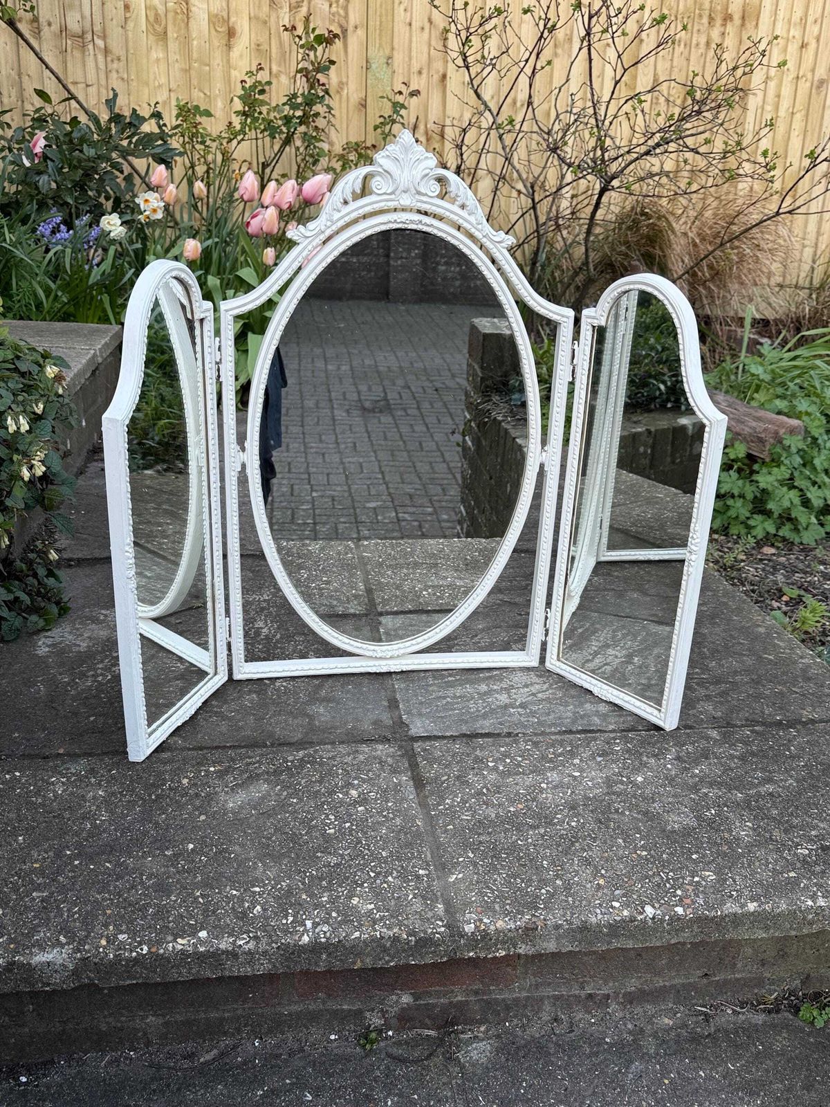Vintage French Style Tri Fold Dressing Table Mirror – Ornate Rococo Vanity Mirror In Cream Finish photo for sale