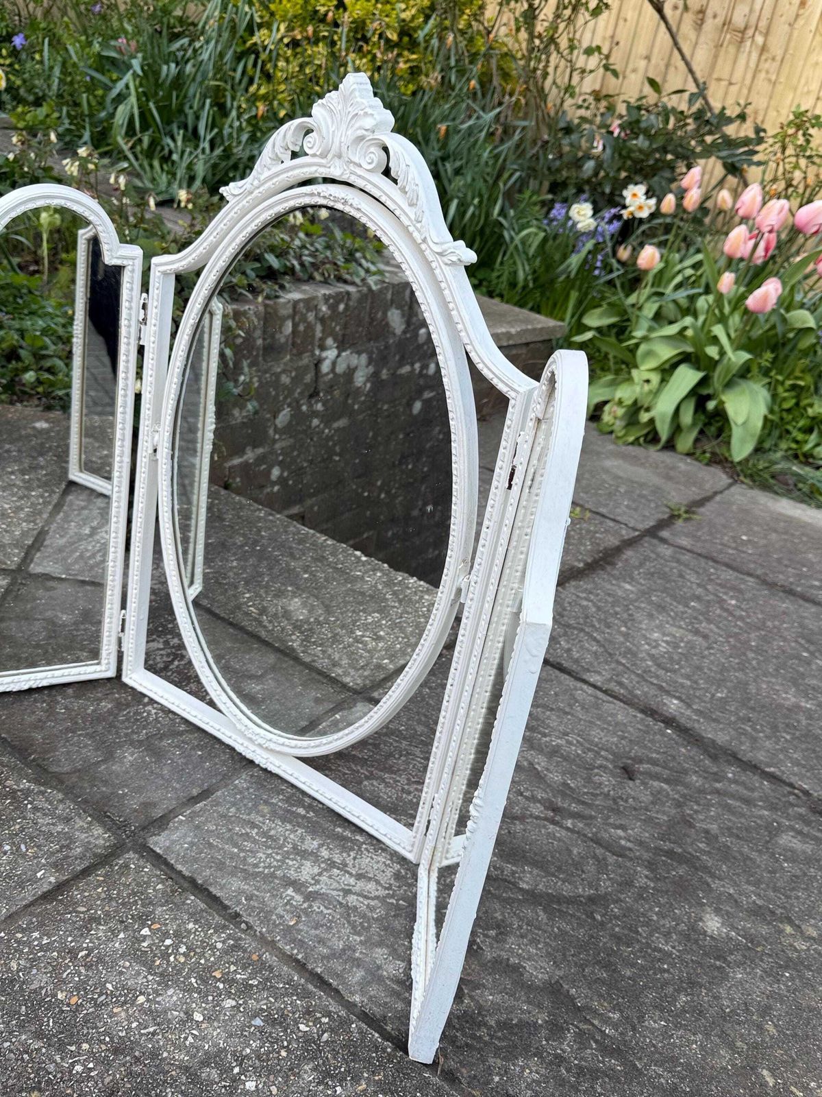 Vintage French Style Tri Fold Dressing Table Mirror – Ornate Rococo Vanity Mirror In Cream Finish photo buy