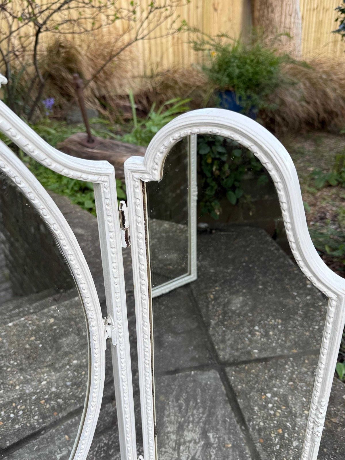 photo for sale Vintage French Style Tri Fold Dressing Table Mirror – Ornate Rococo Vanity Mirror In Cream Finish