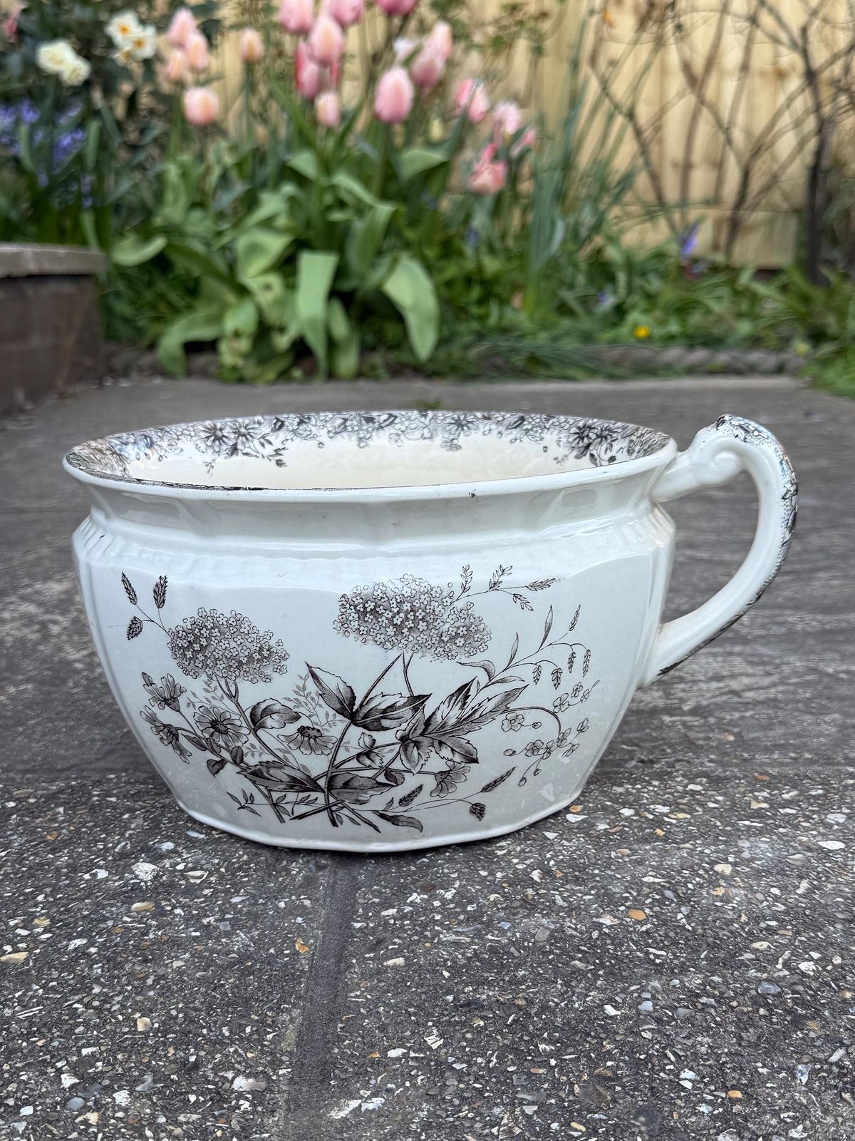 Vintage English Chamber Pot / Planter – K And Co Meadow Sweet Transferware – Black & White Floral Ceramic Jardinière photo furniture