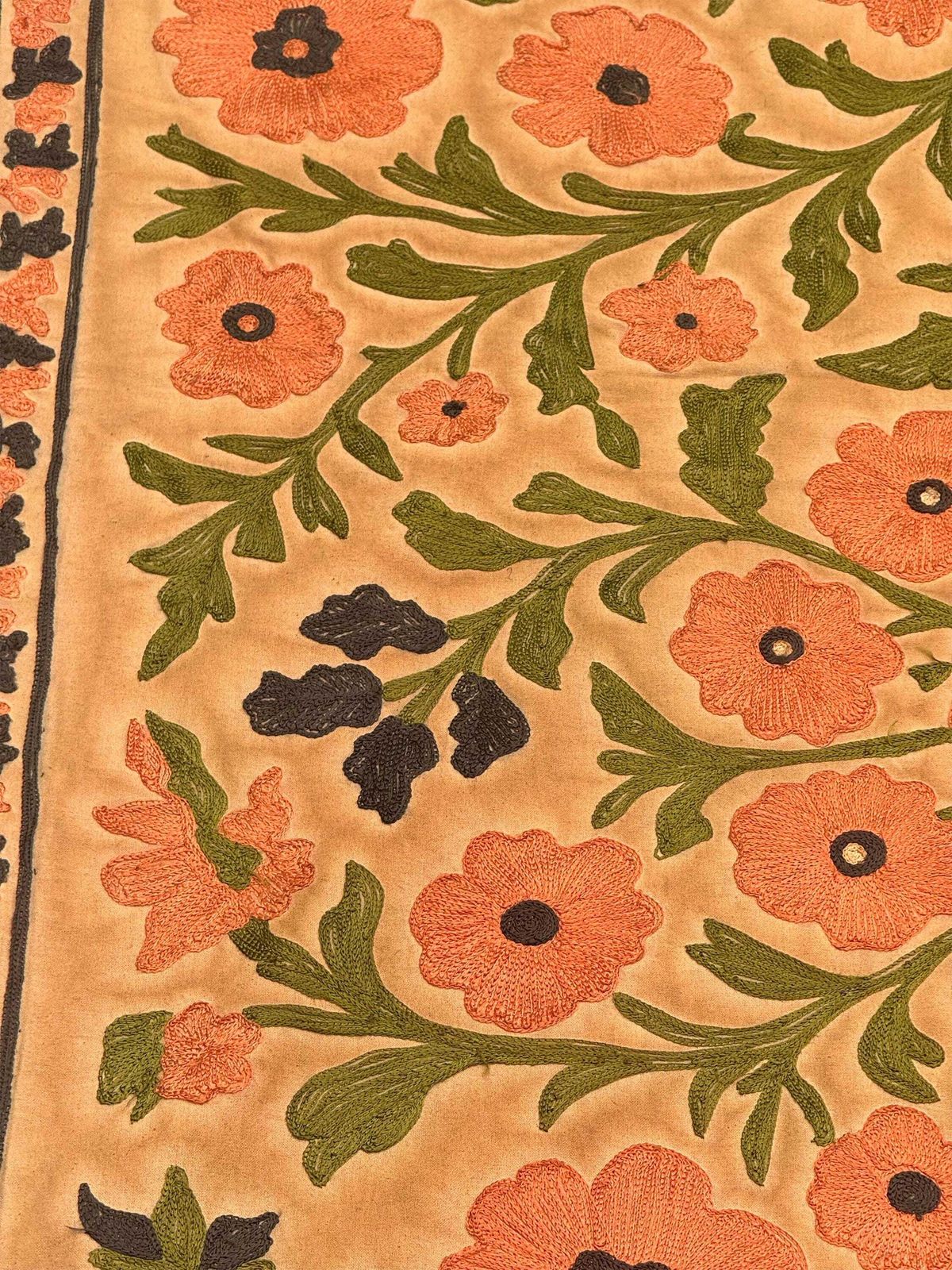 photo for sale Vintage Suzani Embroidery Wall Hanging: Muted Floral Silk Textile Art Bedding Throw.