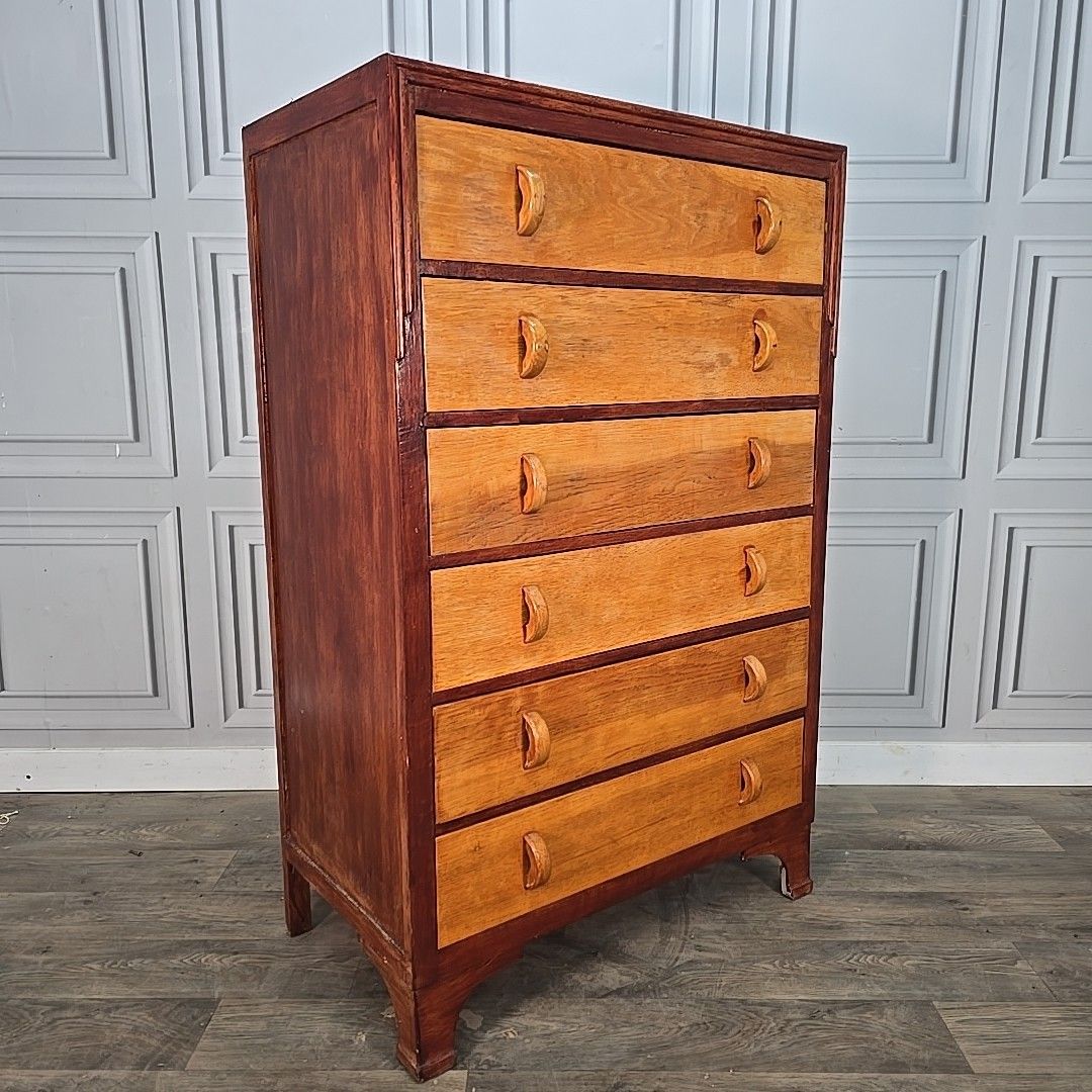 Vintage Chest Of Drawers Tall Two Tone Oak Mid Century Style Commode Retro photo furniture