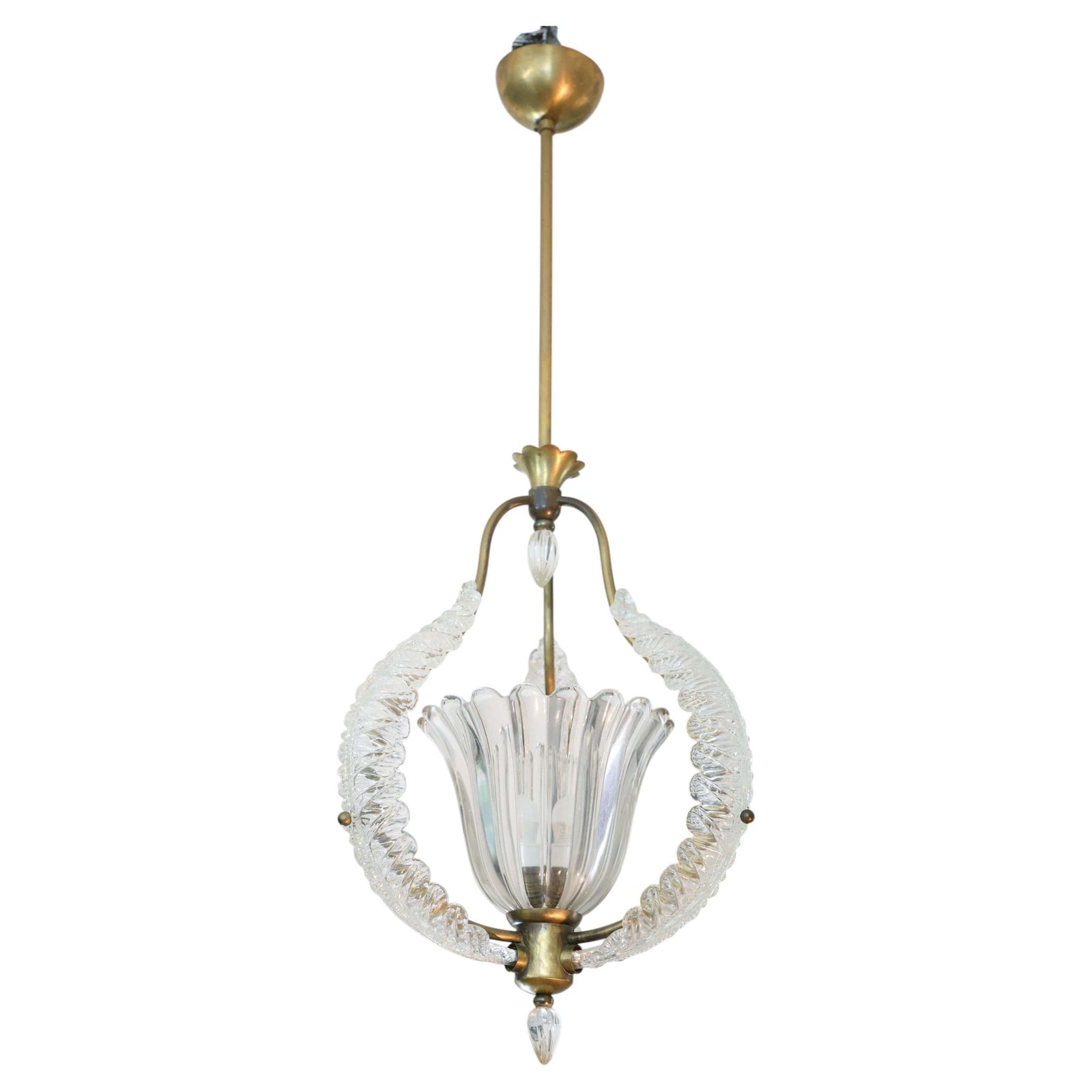 Ercole Barovier, Art Decò Vintage Pendant Murano Glass And Brass, 1940s