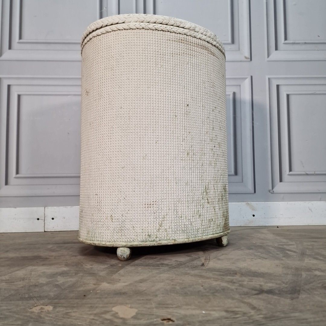 Vintage Laundry Basket Lidded Wicker Hamper Lloyd Loom Style Mid Century Retro photo for sale