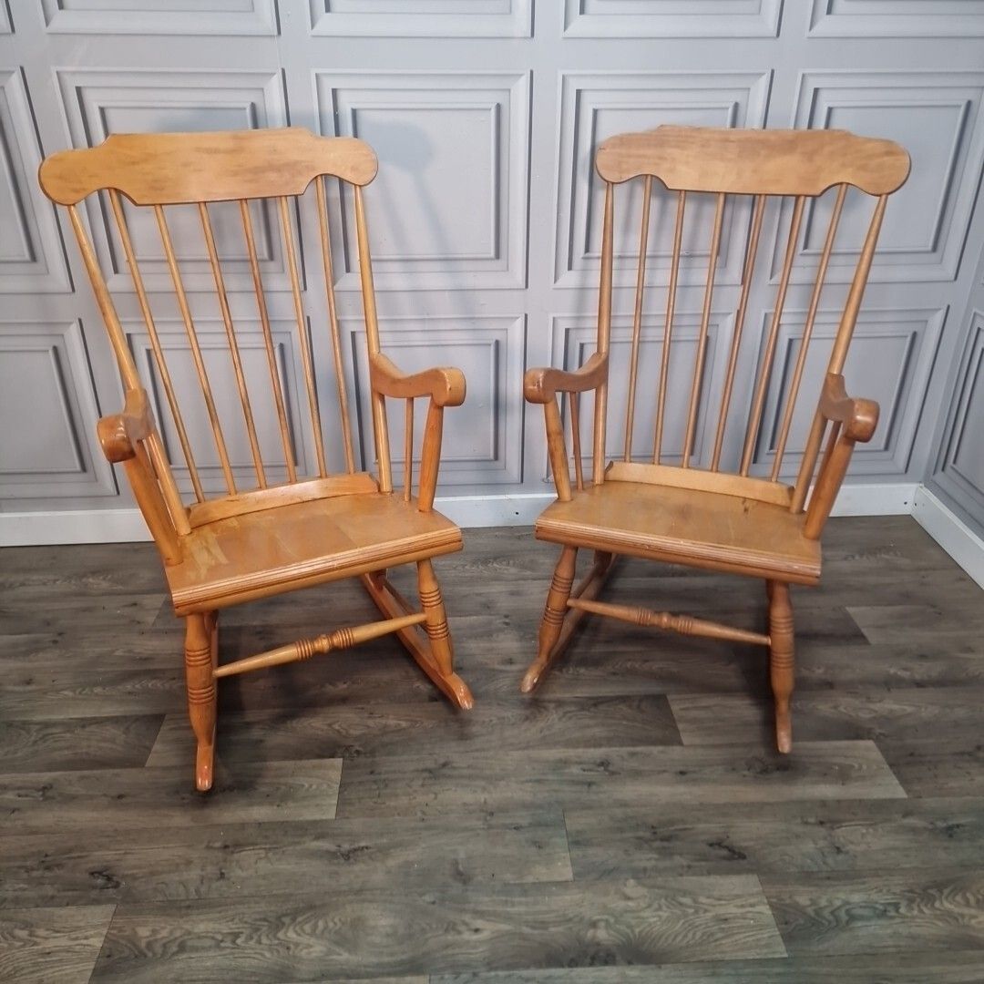 Pair Rocking Arm Chairs  2 Retro Vintage Wooden Turned Country Farmhouse photo for sale