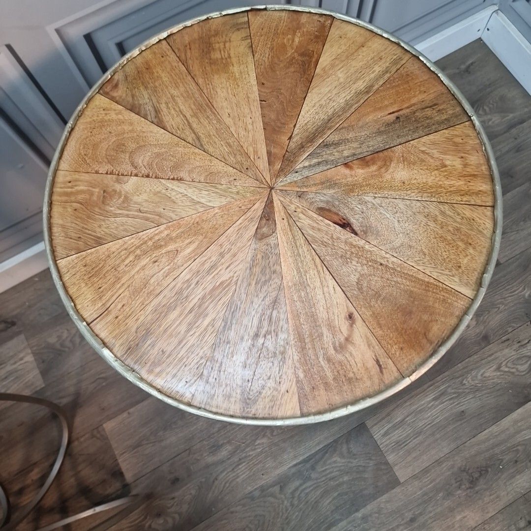 Retro Pair Side Tables 2 Round Wooden Top Metal Frame Coffee Bedside Wood photo Furniture
