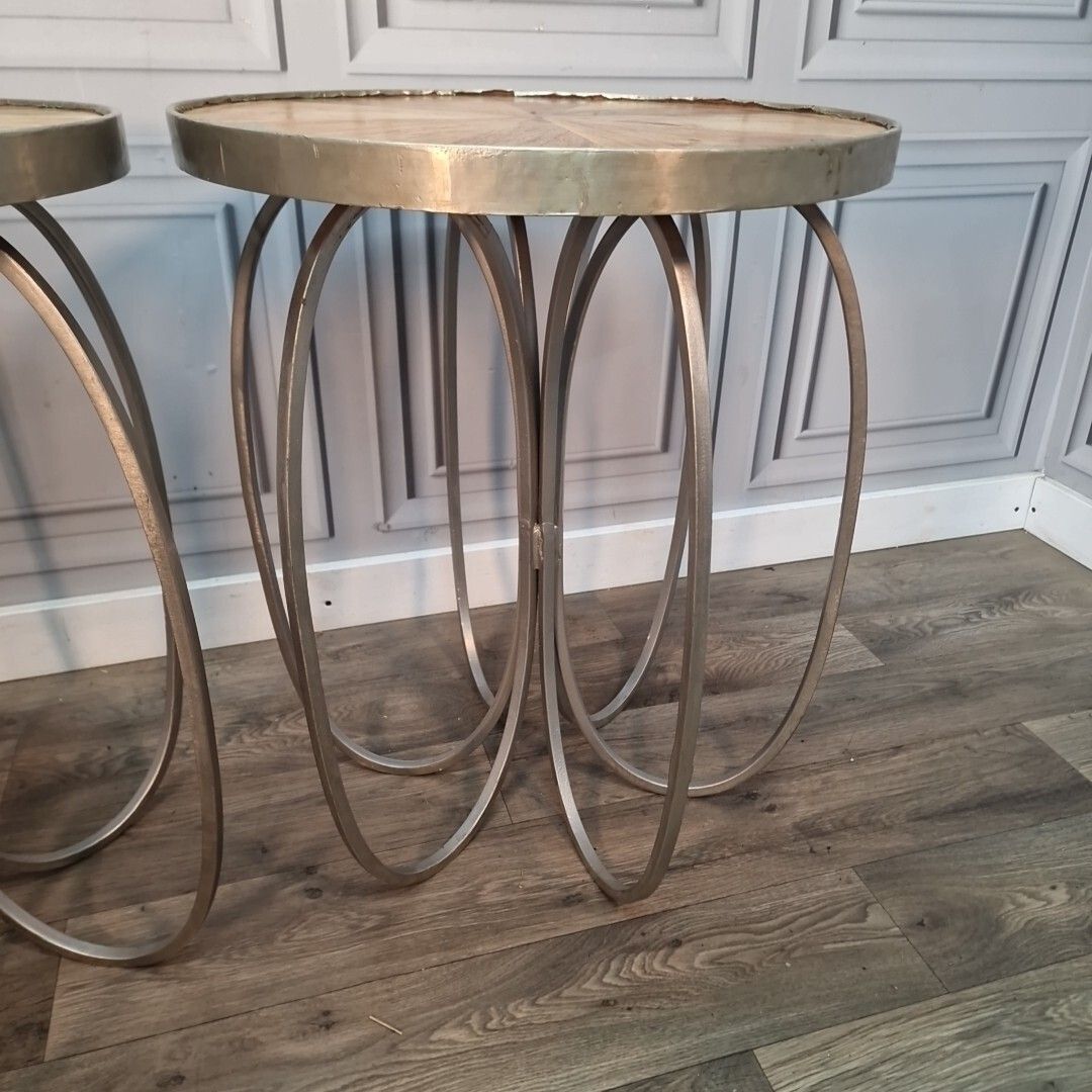 photo vinterior Retro Pair Side Tables 2 Round Wooden Top Metal Frame Coffee Bedside Wood