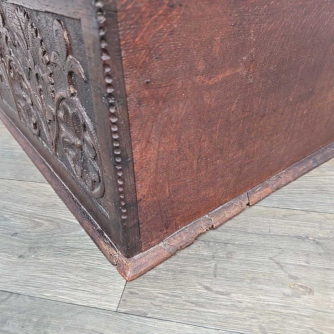 photo furniture Antique Oak Chest Bible Deed Box 17th Century Floral Carved Coffer Trunk Wood