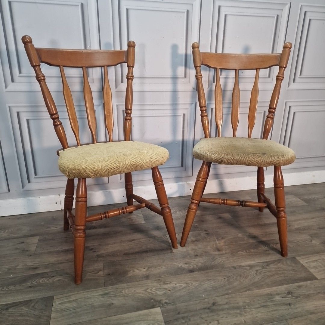 Vintage Farmhouse Dining Chairs Pair Of 2 Upholstered Pub Seats Solid Wood