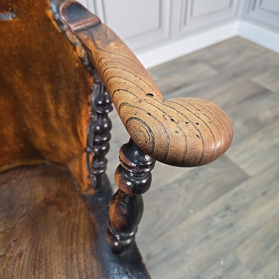 photo for sale Antique Country Broad Armchair Solid Wood High Back Windsor Chair Rustic Vintage