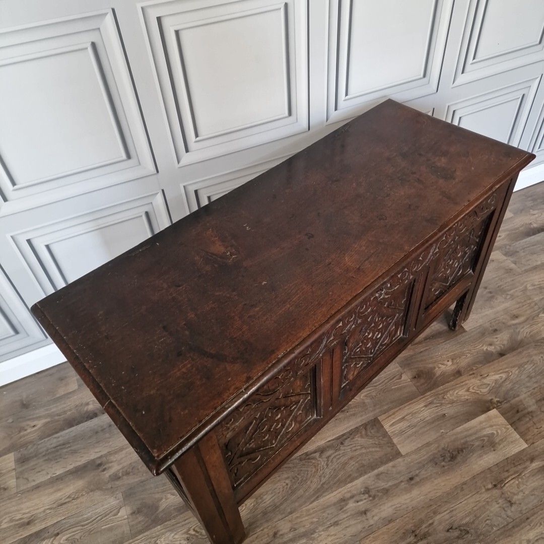 Furniture Antique Wooden Coffer Mule Chest Carved Panel Blanket Box Trunk Jacobean Style photo