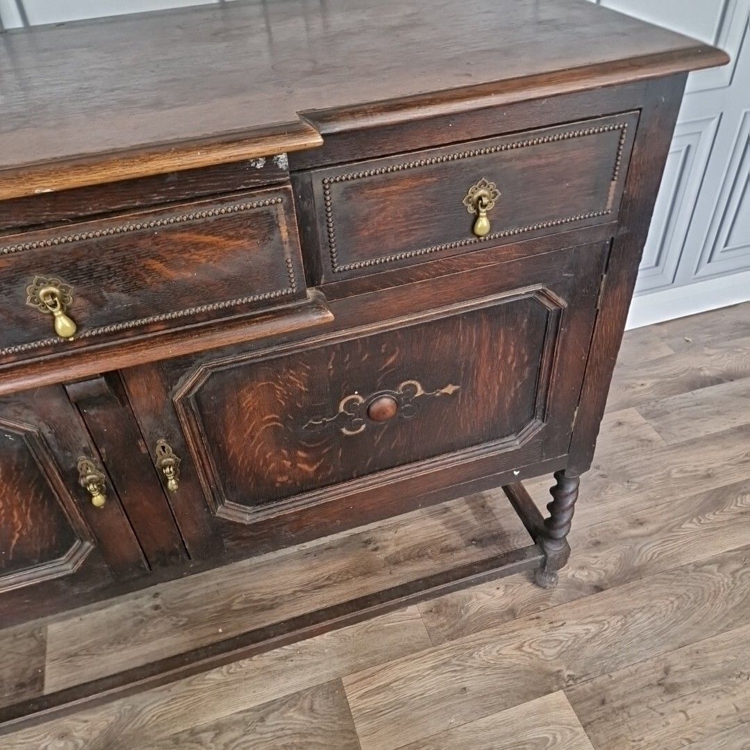 photo for sale Antique Carved Court Cupboard Wood Barley Twist Oak Buffet Cabinet Sideboard