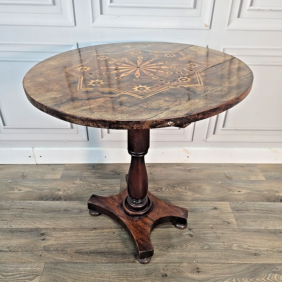 Antique Tilt Top Table – Side Inlaid Marquetry Top – Pedestal Base Window Lamp