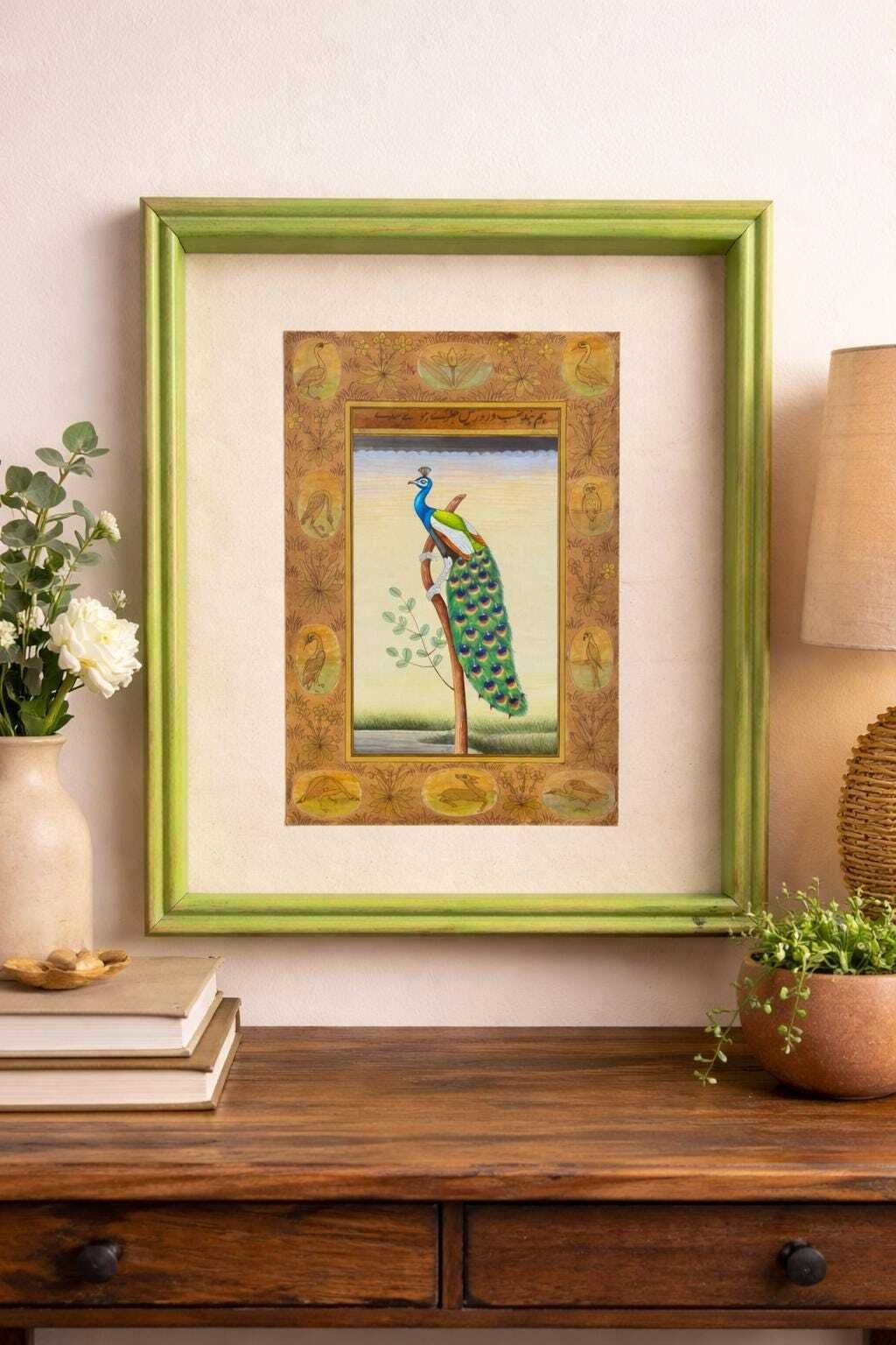 Vintage Handmade Indian Miniature Bird Painting – Framed Wall Art. photo furniture