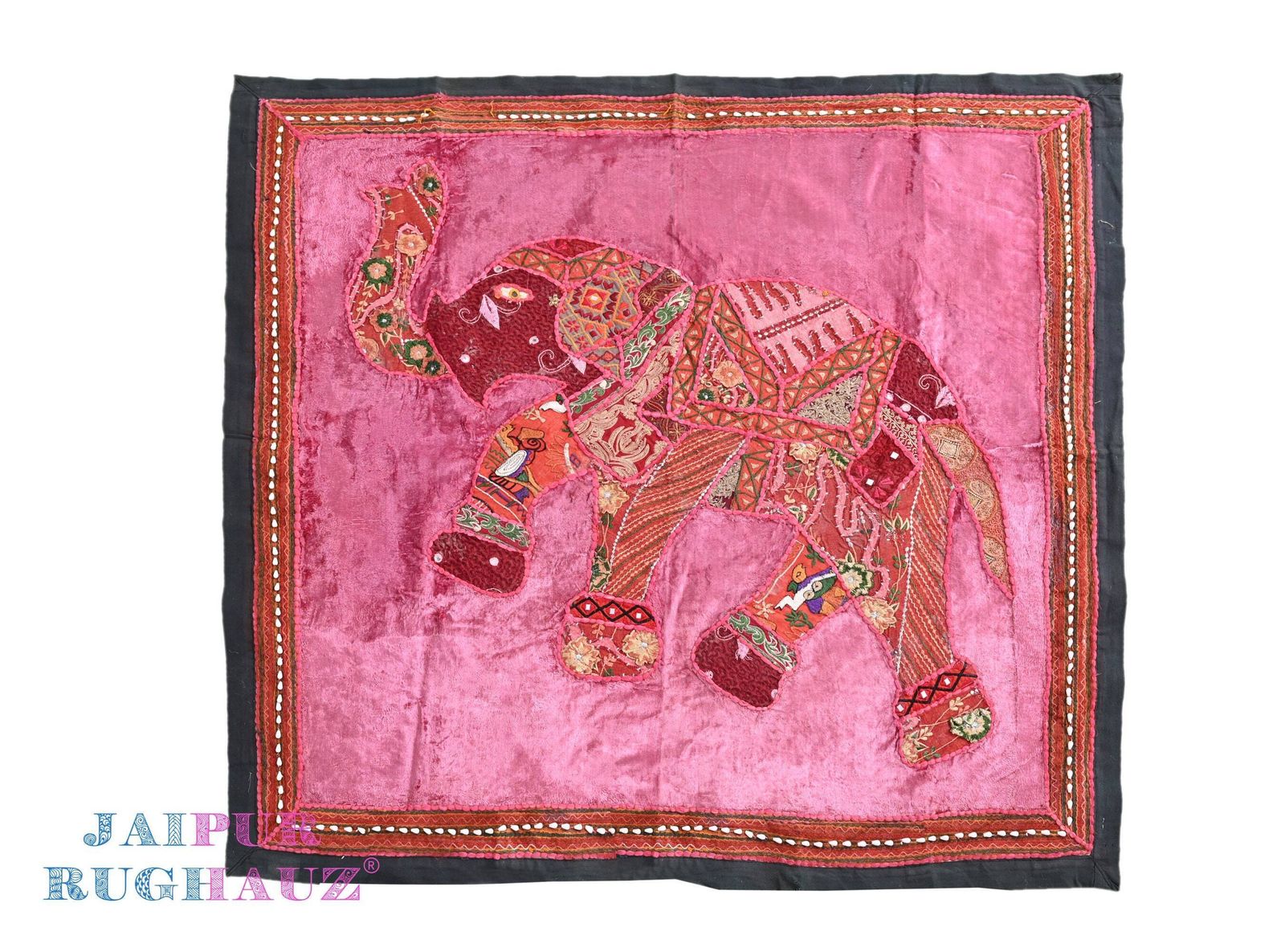 Vintage Indian Elephant Tapestry: Hand Embroidered Floral Wall Hanging.